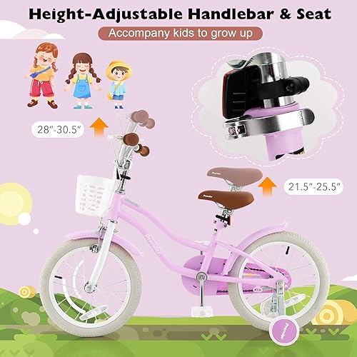 Miniatura 3 de BABY JOY Bicicleta para niños, 12, 14, 16, 18, 20 pulgadas, con asiento ajustable, cesta extraíble, freno de mano y freno de posavasos, ruedas de