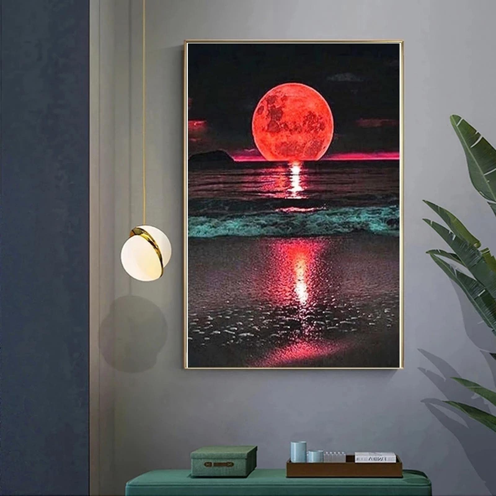 Amazon｜赤黄色の月のキャンバスの絵画北欧の風景のポスターとプリント