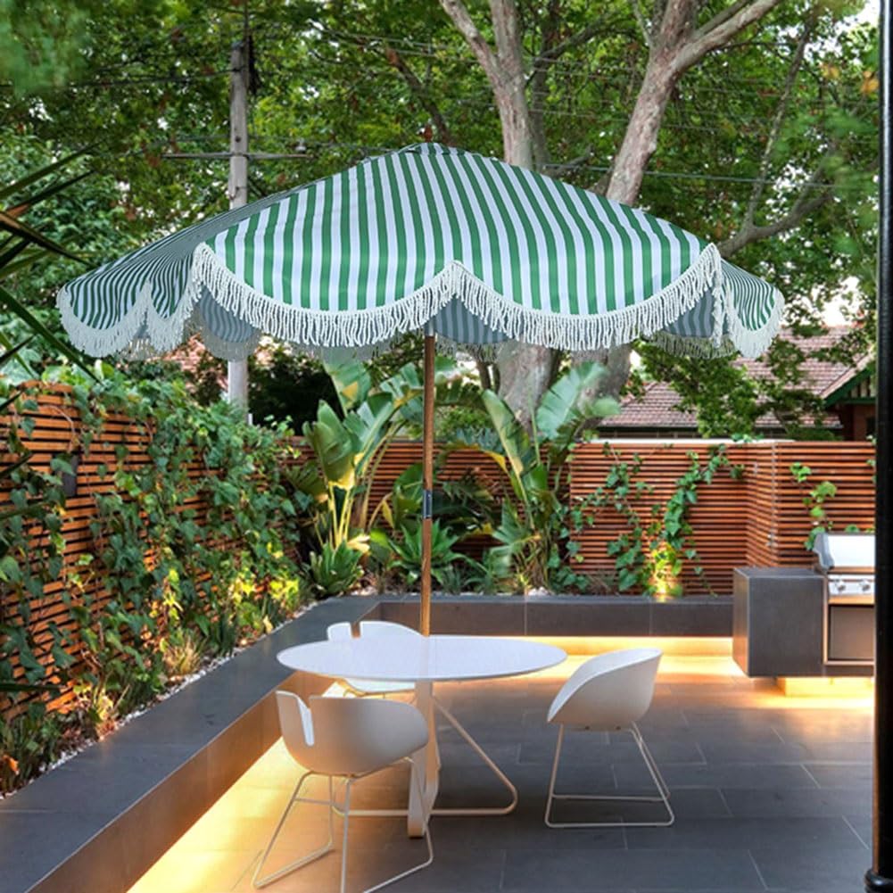 ZHZHZ Green Stripe Patio Umbrella with Push Button Tilt,Beach Umbrella with Fringe,Waterproof Large Garden Parasol with Wooden Pole : Patio, Lawn & Garden