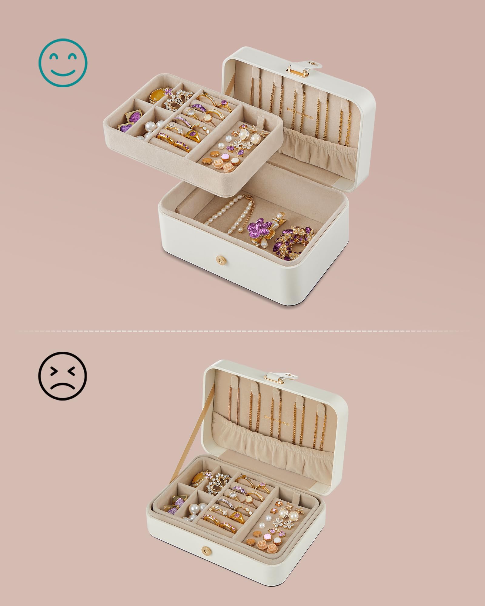 SONGMICS Scatola Portagioie da Viaggio, Piccolo Porta Gioielli, 2 Livelli, Portagioielli Portatile, per Accessori Grandi, 11 x 16 x 8 cm, Idea Regalo, Bianco Nuvola JBC166W01