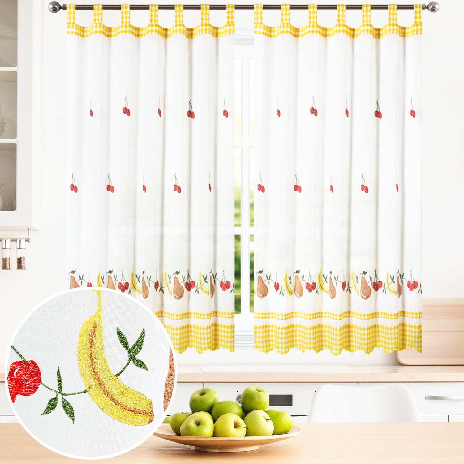 BOD HOME, 2 Piezas, Cortinas Blancas Translúcidas con Trabillas. Cortinas para Cocina, Diseños de Frutas y Tazas con Acabado de Color. Cortina Media Altura Hecha de Poliéster, 150x150cm (AnchoxAlto)