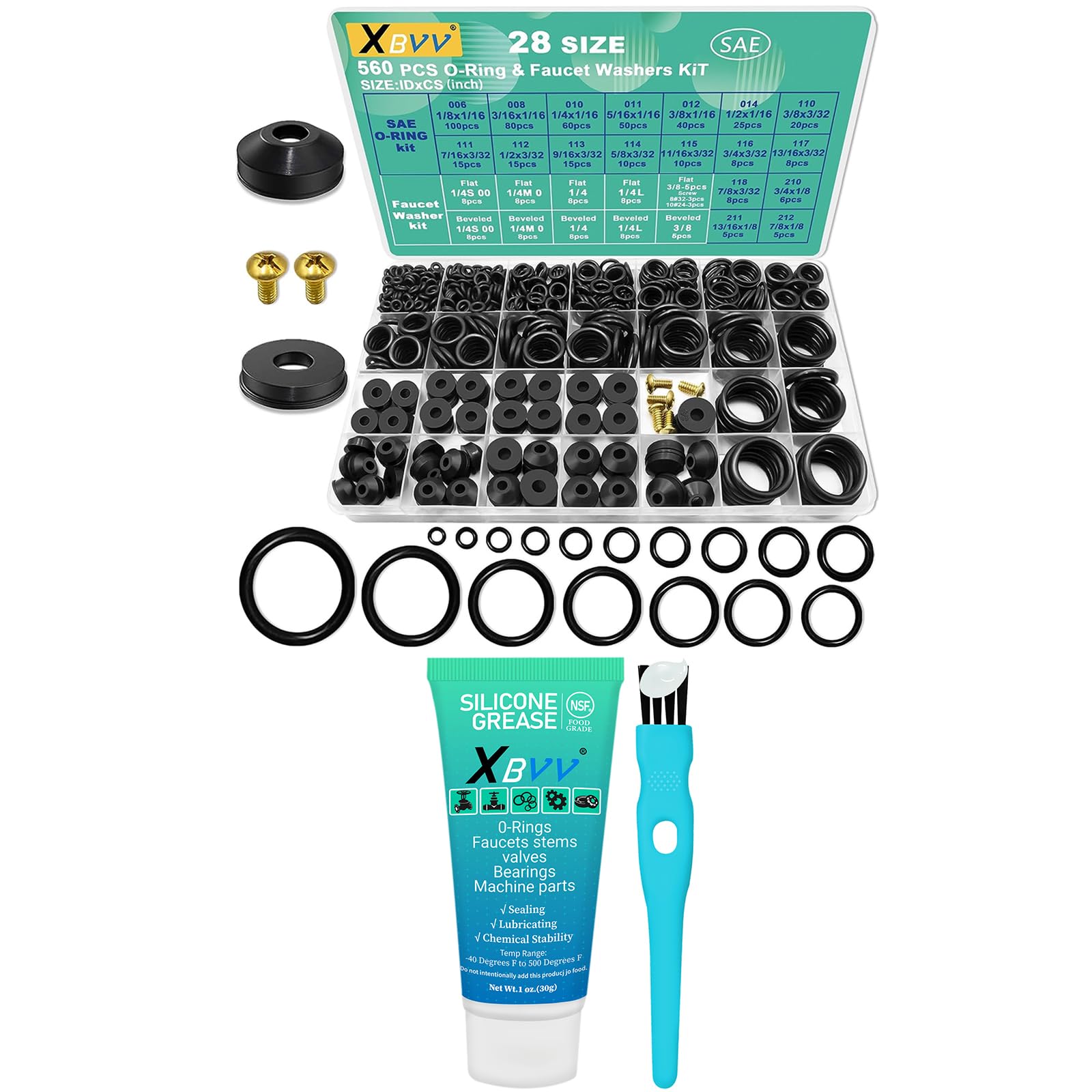 XBVV 1 Pack Silicone Grease and 560 Pcs 28 Size Faucet Rubber Washers Kit and SAE O Ring Assortment Set for Assorted Plumbing Faucet Sealing Repair