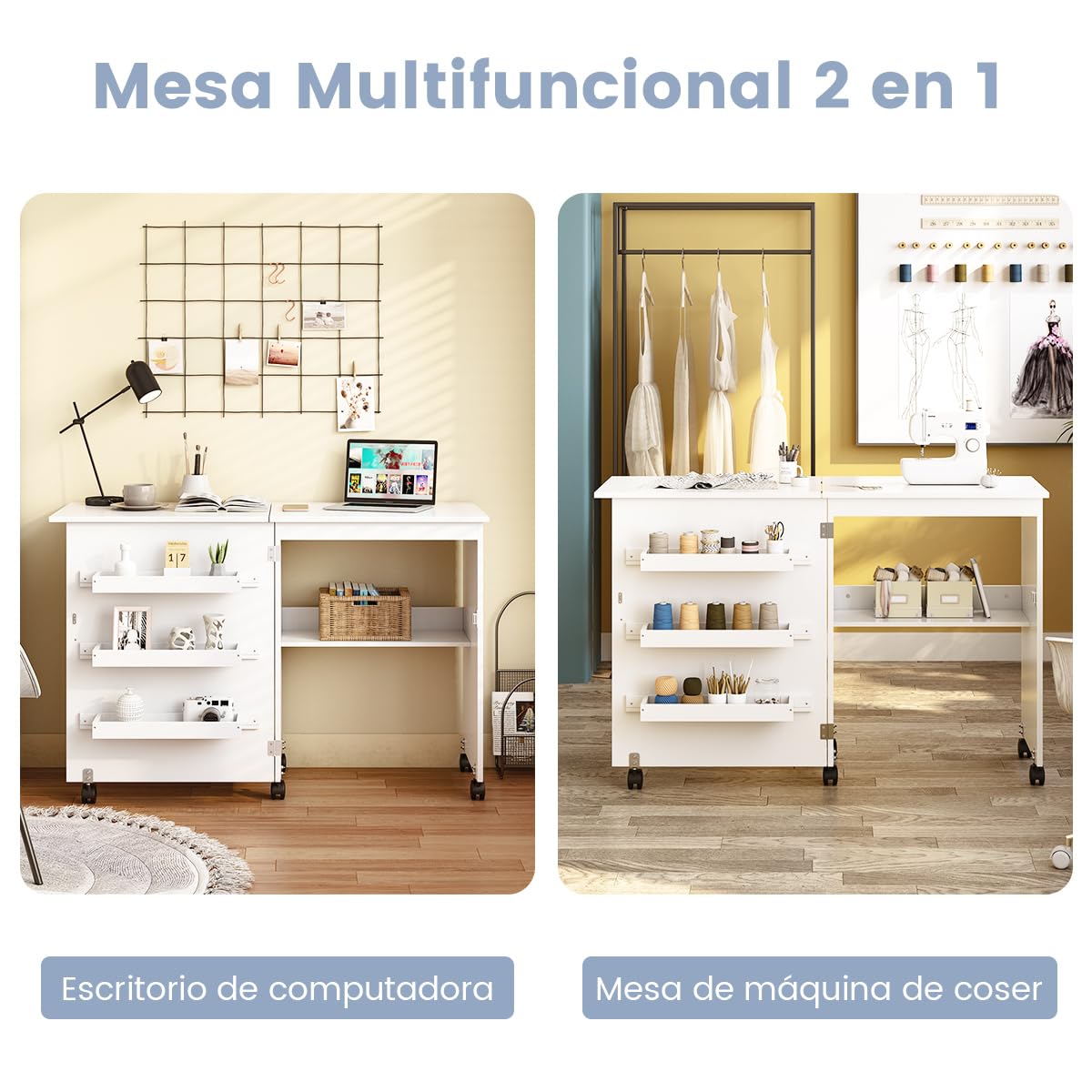 RELAX4LIFE Mesa de Costura Plegable con 5 Ruedas, 4 Estantes de Almacenamiento y Frenos, Mesa para Máquina de Coser de MDF, Mesa Multifuncional para Salón, Dormitorio, 118,5x40x79,5cm (Blanco)