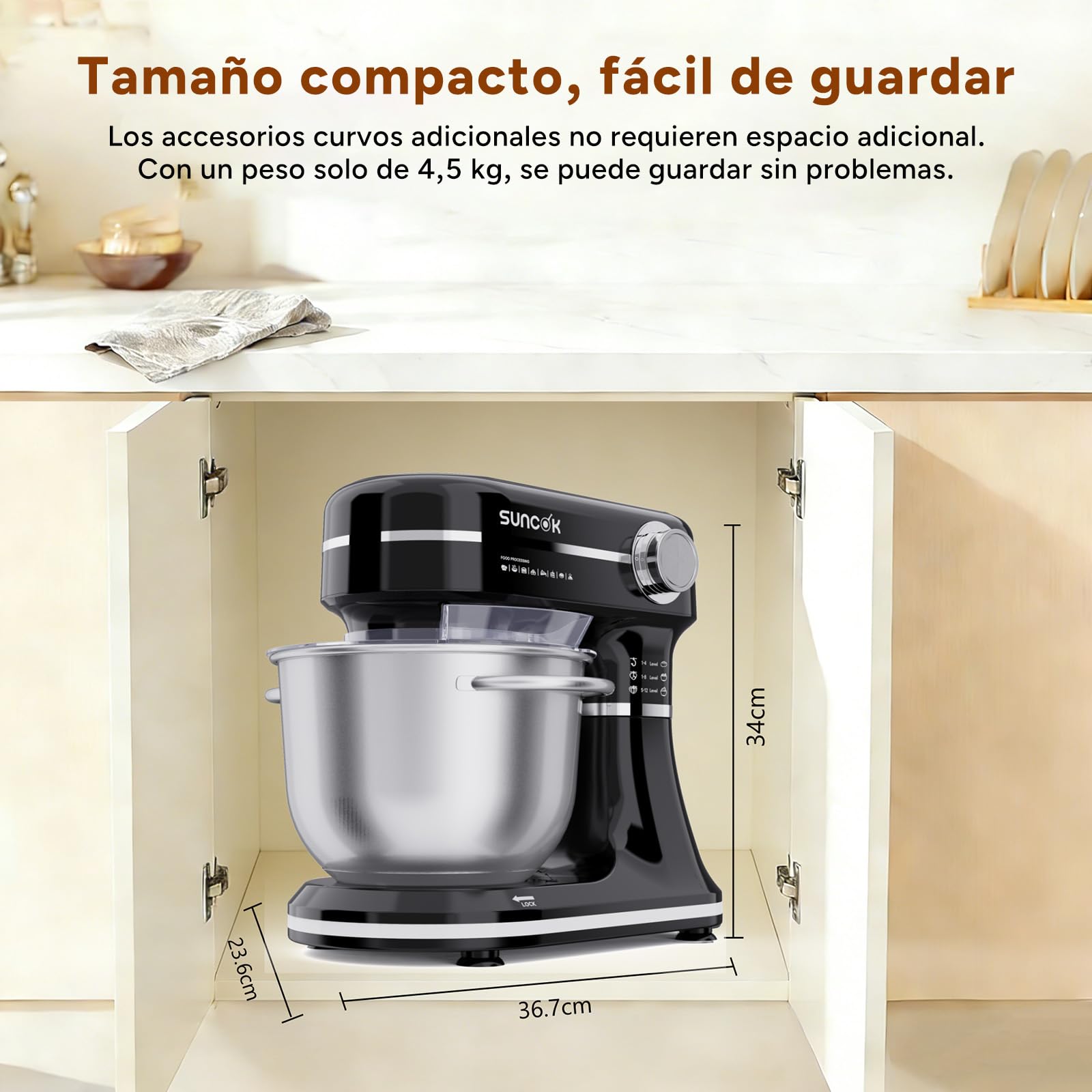 Batidora Amasadora 1500W, 2 Cubetas de Acero Inoxidable (4,5L/5,5L), 12 Velocidades, Fermentación/Calentamiento, Báscula, Temporizador, Bajo Ruido, 3 Accesorios de Mezcla (B03B, B03B-negro)