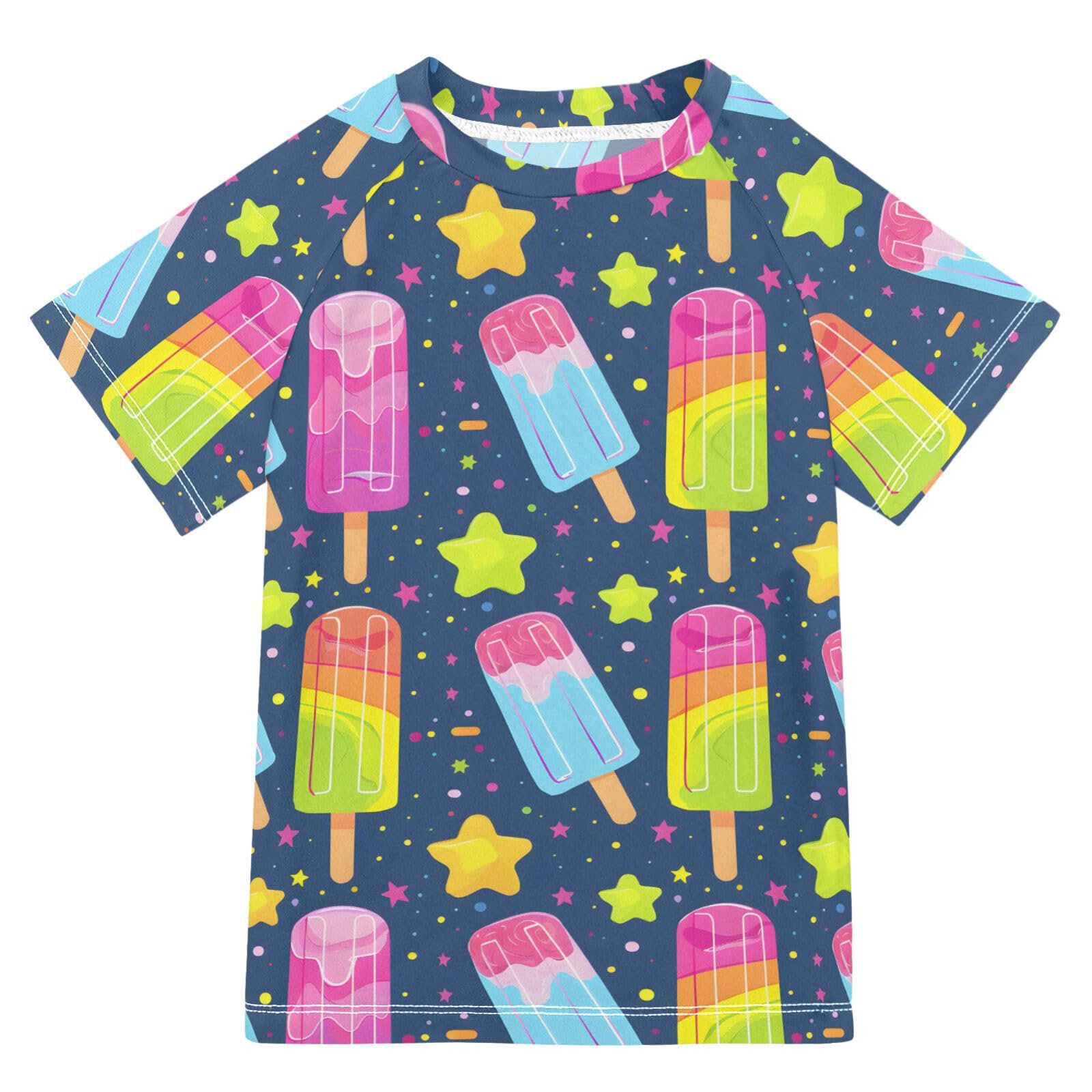 ALAZA Boys Rash Guard Swimming Shirt for Boys Short Sleeve Ice Lolly Stars Cute UPF 50+ 5-6T