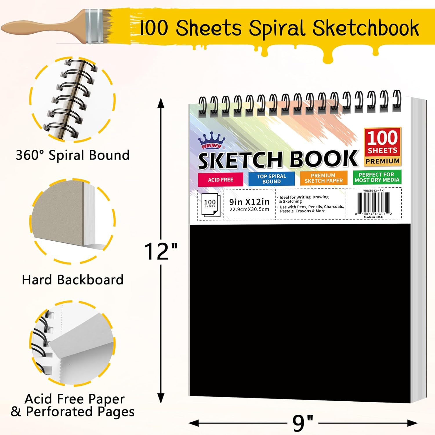 WINNER 9" x 12" Sketch Book 4 Pack, 400 Sheets Spiral Bound Art Sketchbook, 68lb/100gsm White Acid Free Drawing Pad, Sketching Drawing Writing Sketch Pad, Art Supplies for School, Kids, Adults &Teens