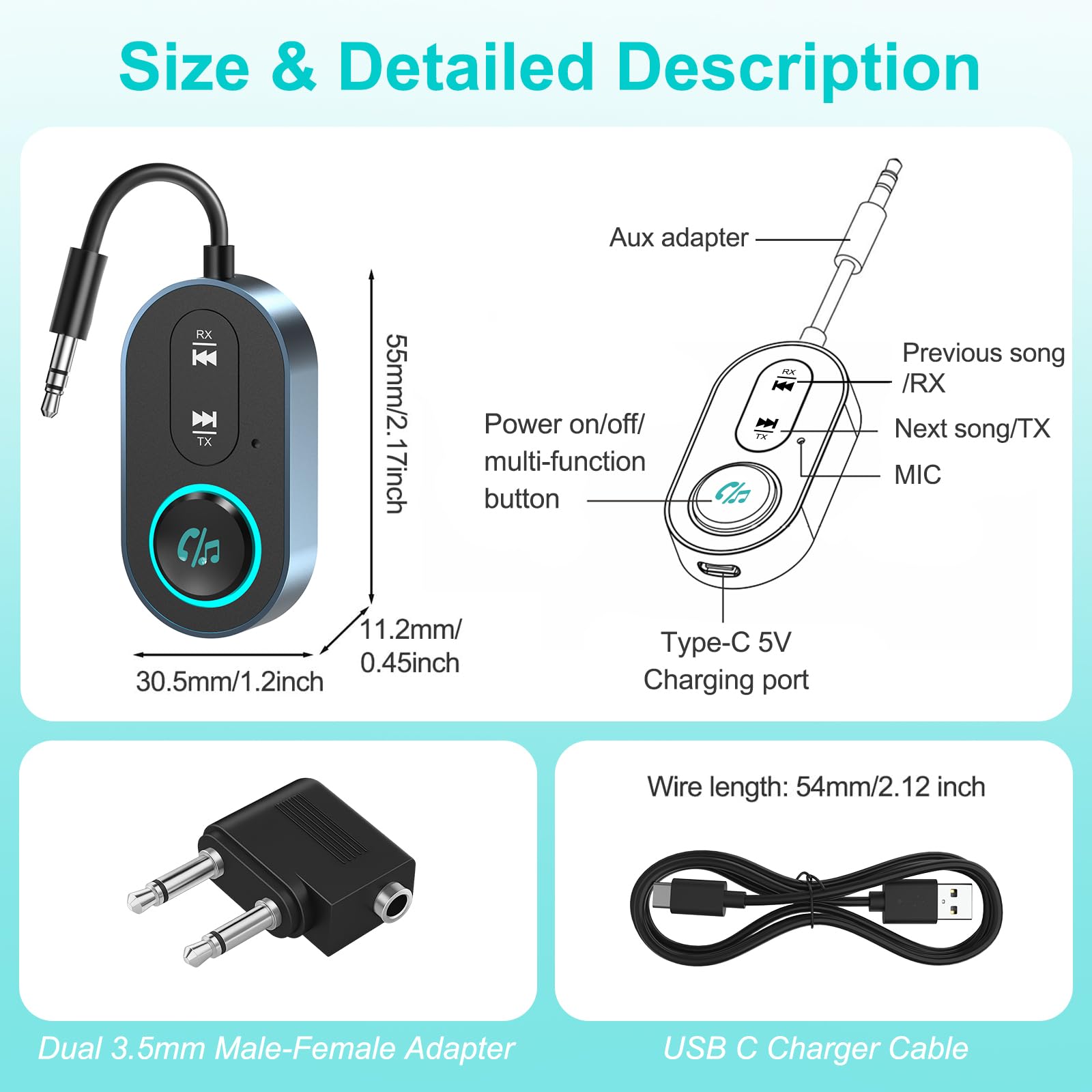 ESSAGER Ricevitore e Trasmettitore Bluetooth 5.1, Trasmettitore Bluetooth Ricaricabile per Cuffie, Altoparlanti, Adattatore Jack Audio Aux da 3,5mm per TV a Bordo, Auto, Impianto Stereo Domestico ESSAGER Ricevitore e Trasmettitore Bluetooth 5.1, Trasmettitore Bluetooth Ricaricabile per Cuffie, Altoparlanti, Adattatore Jack Audio Aux da 3,5mm per TV a Bordo, Auto, Impianto Stereo Domestico