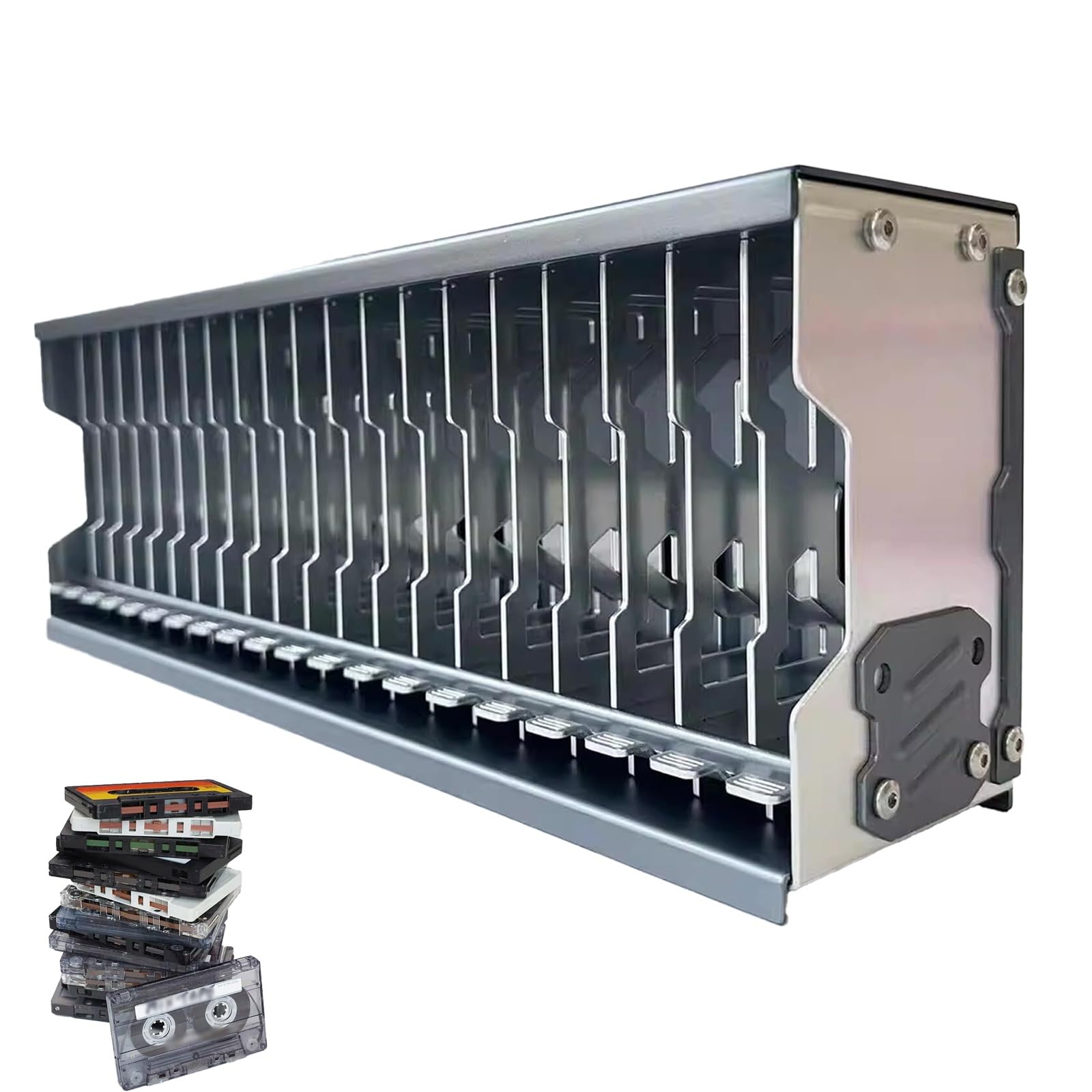Boîte de rangement cassette alu - Organiseur de bureau empilable pour 20 K7