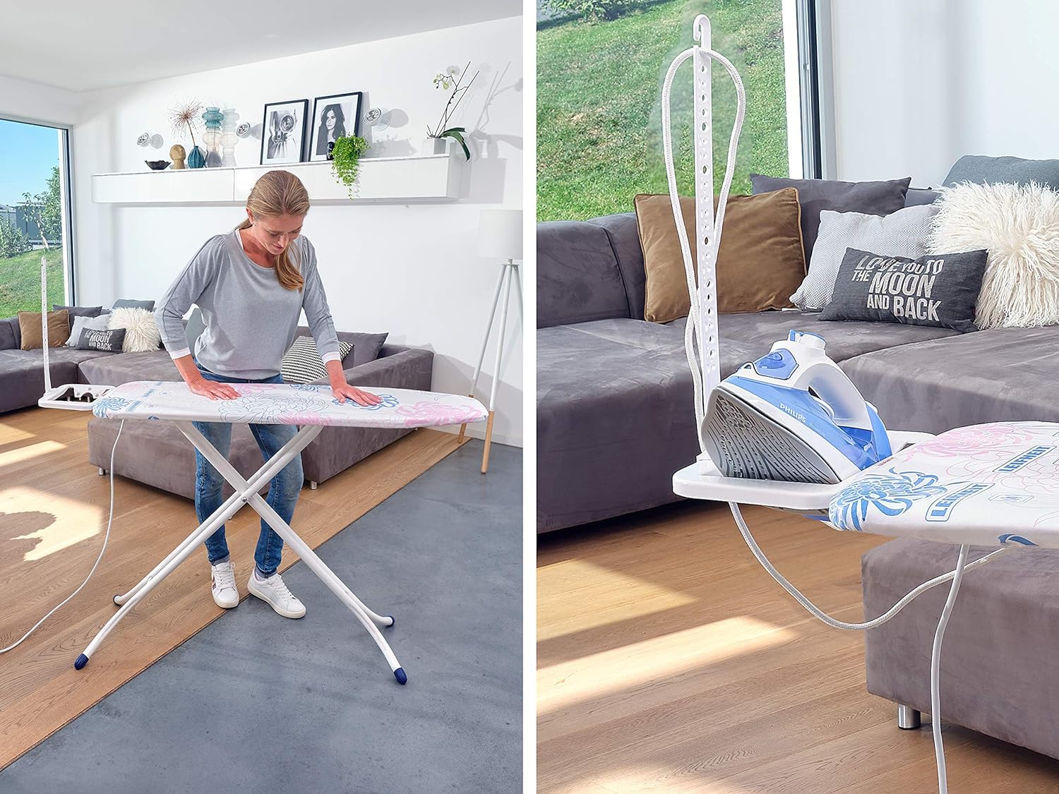 Leifheit Bügelbrett Classic M Compact Plus, für Dampfbügeleisen geeignet, kompakter Bügeltisch mit dampfdurchlässiger Bügelfläche, Dampfbügelbrett mit Steckdose und Kabelhalterung