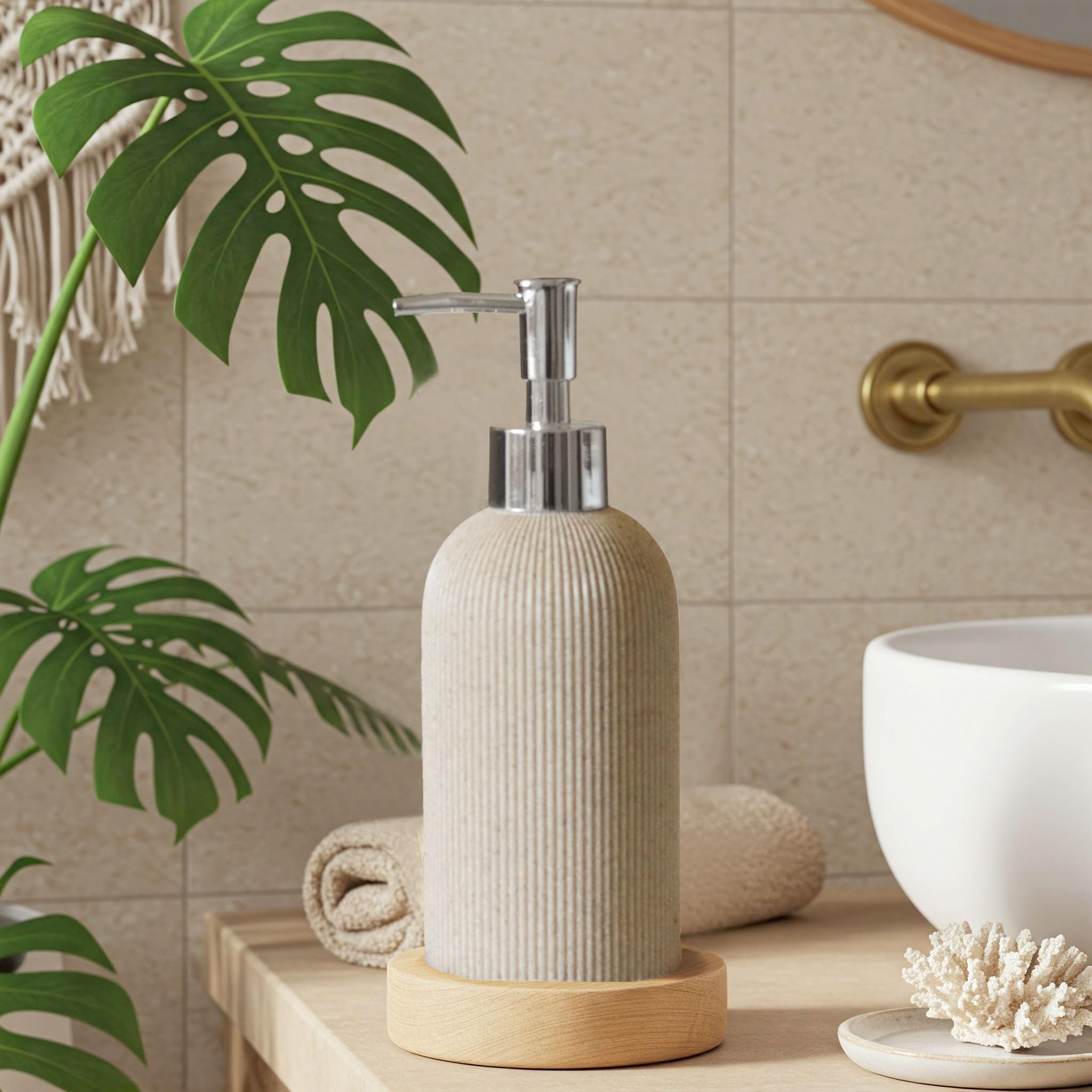 Lunestella Elegant Boho Beige Hand Soap Dispenser with Silver Pump - Image 3
