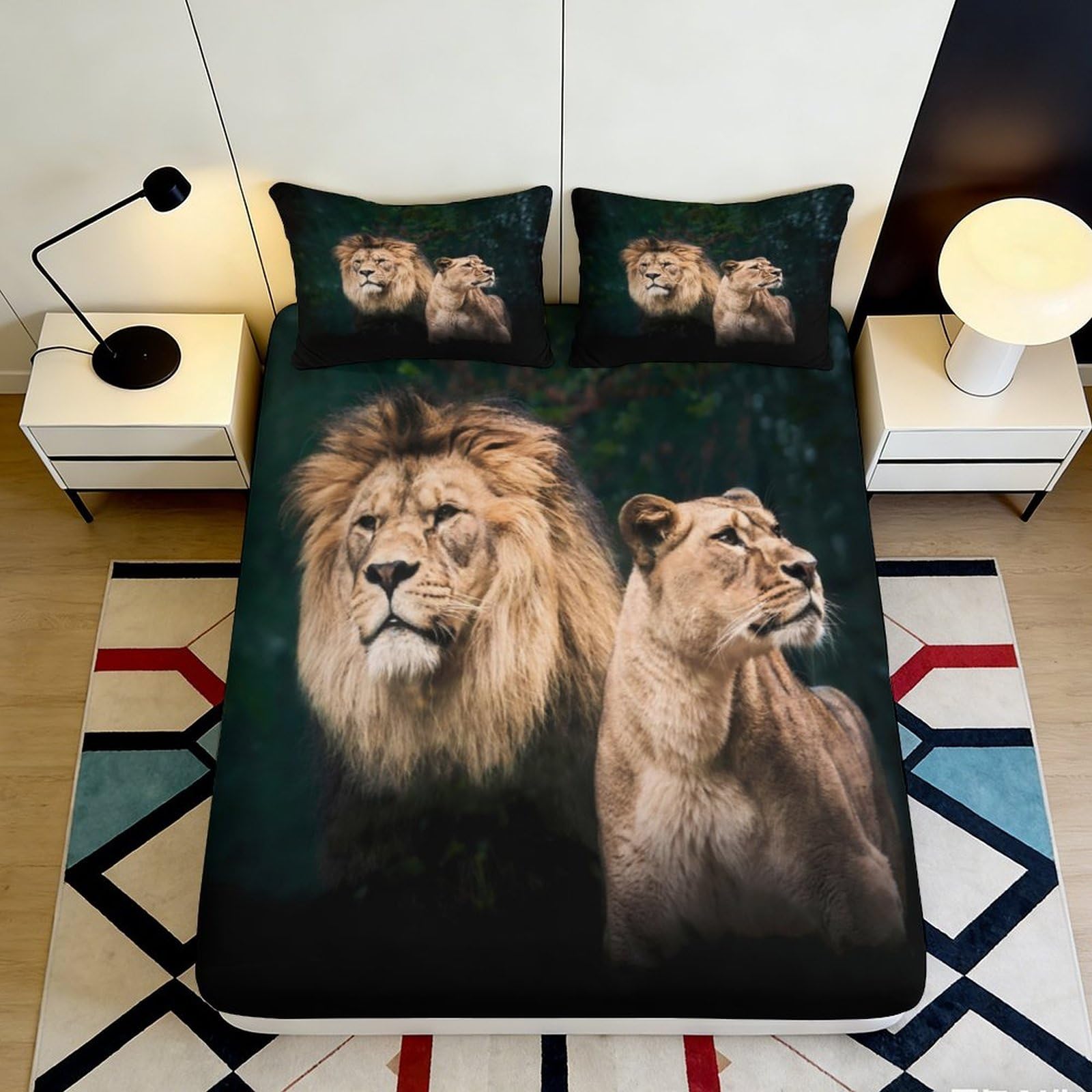 3D Printed Lion Couple Fitted Sheet Microfiber Soft Black Gold Lioness Mattress Cover for Bedroom Guest Room Decor 90x200x25cm
