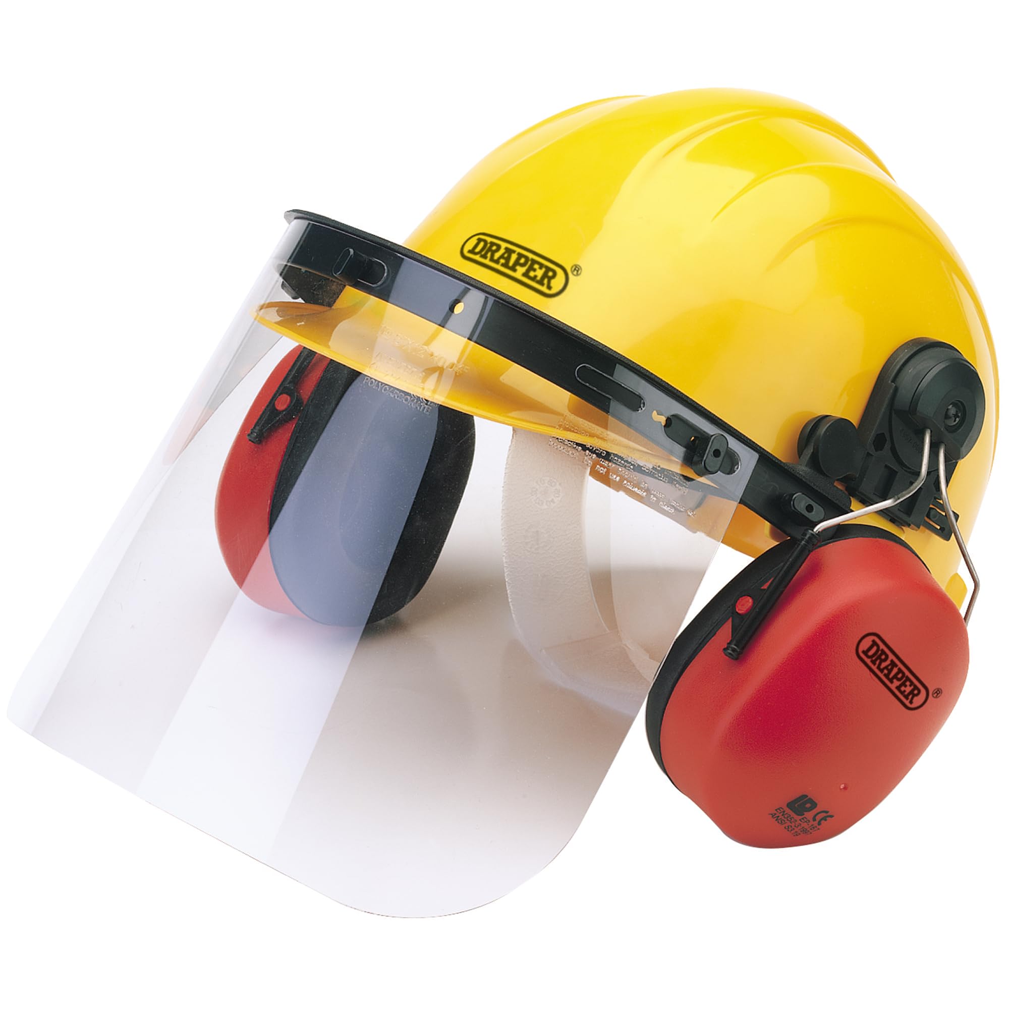 Draper Tools Schutzhelm mit Ohrenschützern und Gesichtsschutz, verstellbarer Forstschutzhelm mit Polycarbonat-Visier, entspricht Sicherheitsstandards, ideal für Forstwirtschaft und Landschaftspflege