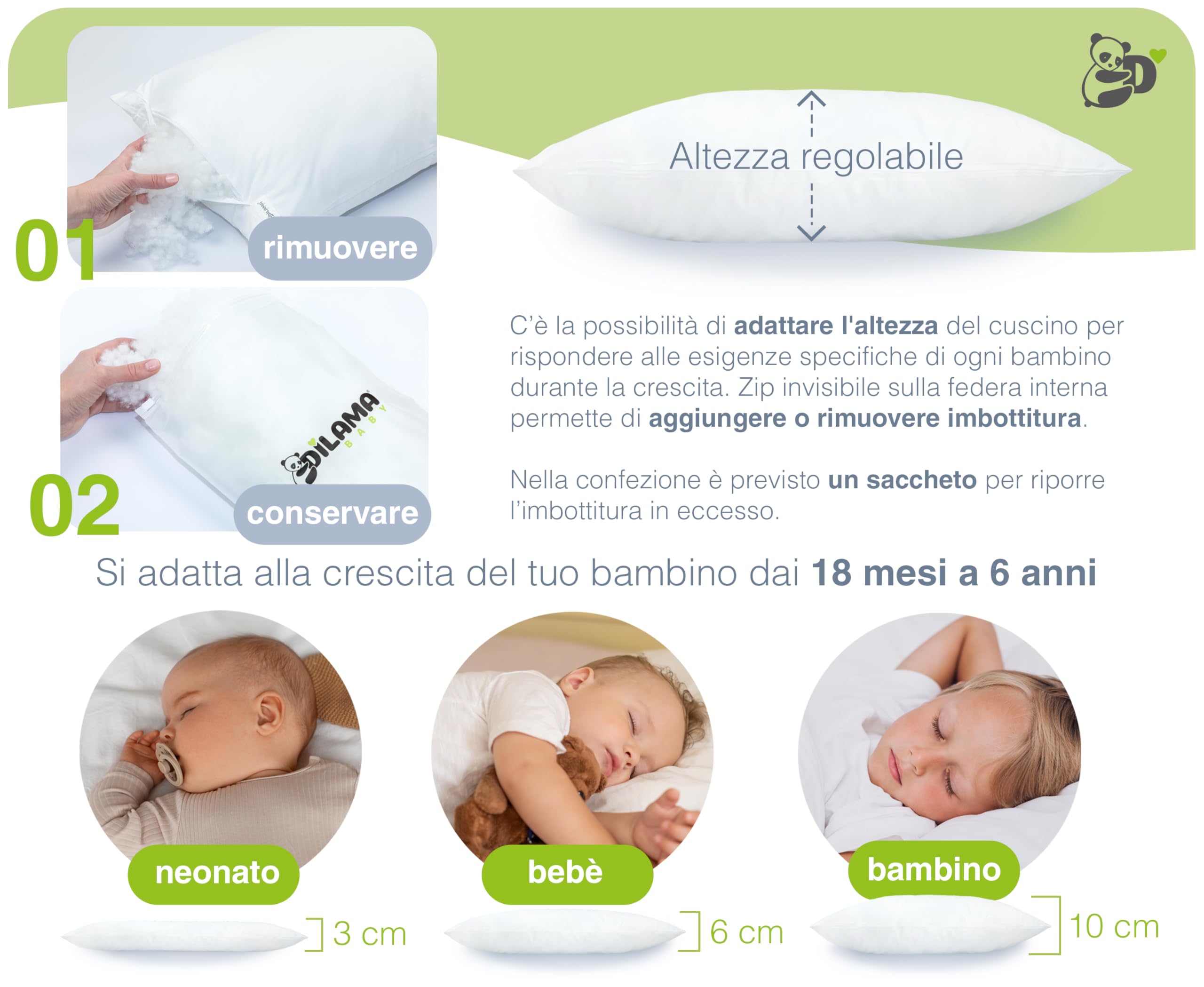 Dilamababy Cuscino Lettino Bambino Regolabile in Altezza - 40x60 - Ideale per Bimbo 2 3 4 Anni - Anallergico Antiacaro Lavabile - Federa in Cotone Percalle Oeko Tex - 100% Made in Italy