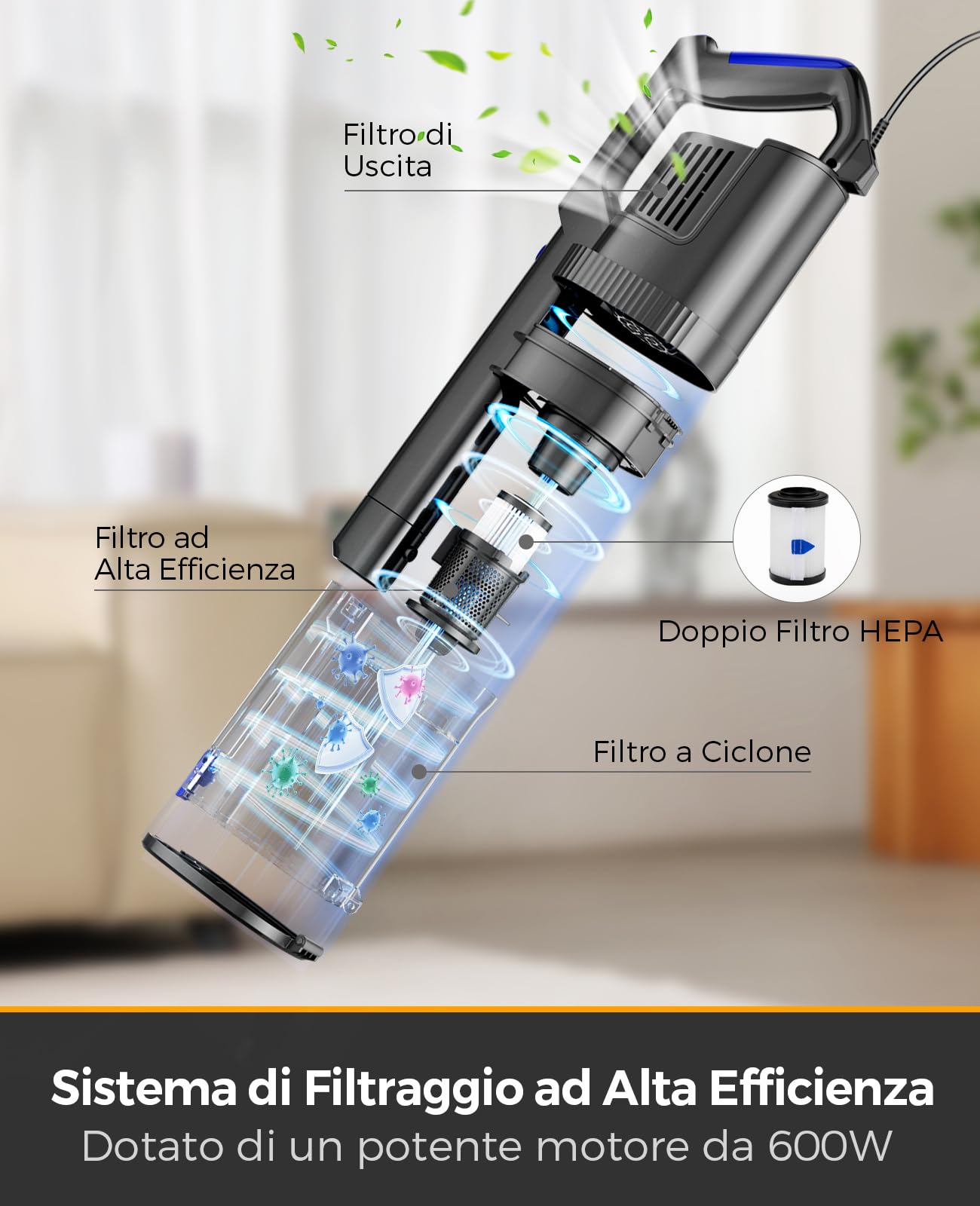 VACTechPro 60KPa/600W/7M Aspirapolvere con Filo, Aspirapolvere con 800ml Pattumiera, Scopa Elettrica con Filo con Design a Doppia Maniglia, Scopa Elettrica con Filo Potente per Pavimenti, Arancione