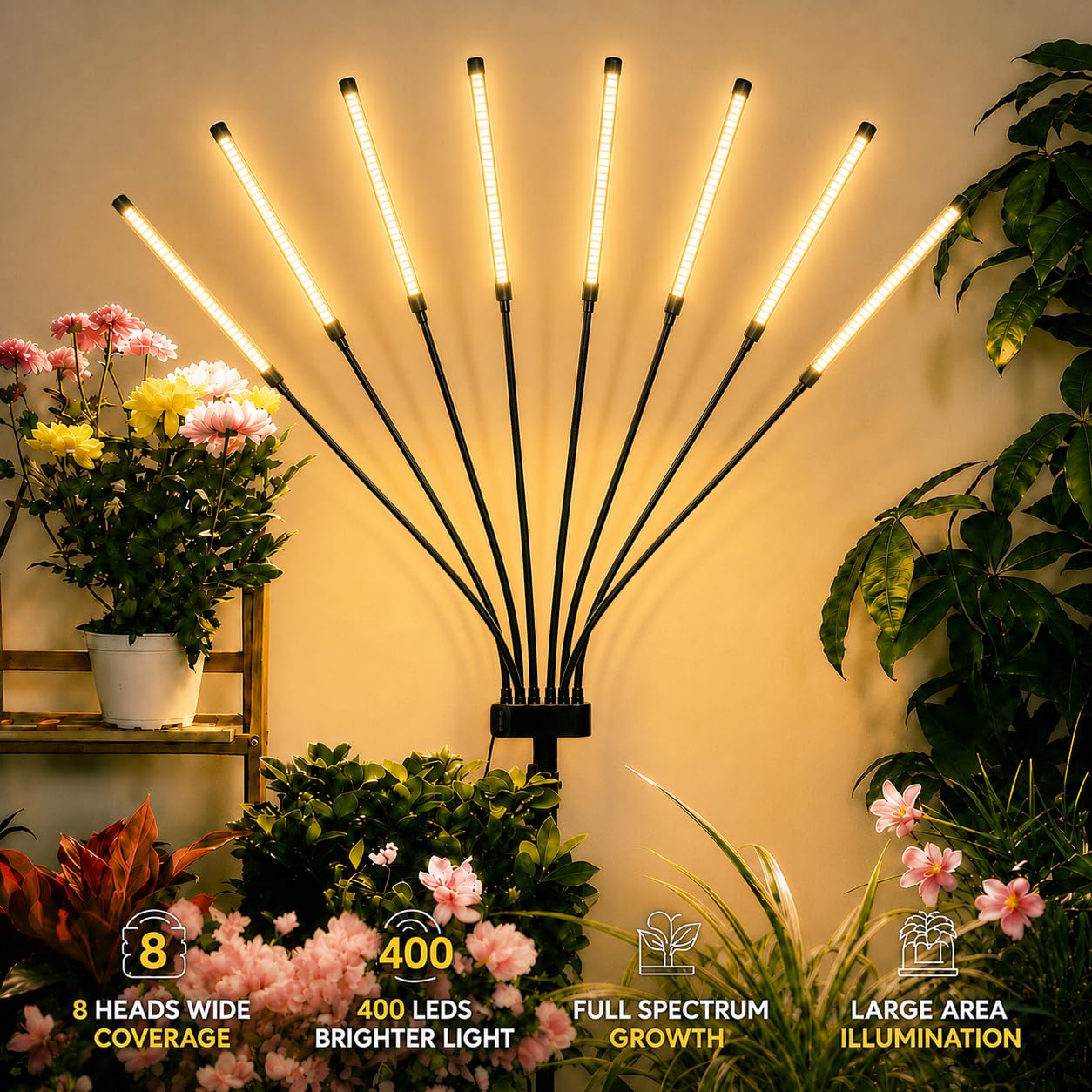 Luces de cultivo para plantas de interior, luz de crecimiento de espectro completo 8 en 1 para cultivo en interiores con soporte de trípode, sincronización de encendido/apagado automático 4/8/12