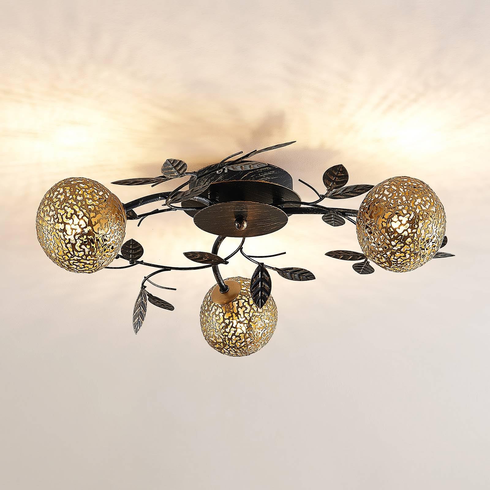 Lucande lámpara de techo en negro, oro, plafón | lámpara de salón, g9, 3 bombillas, florentino para sala de estar, salón, pasillo, dormitorio, comedor