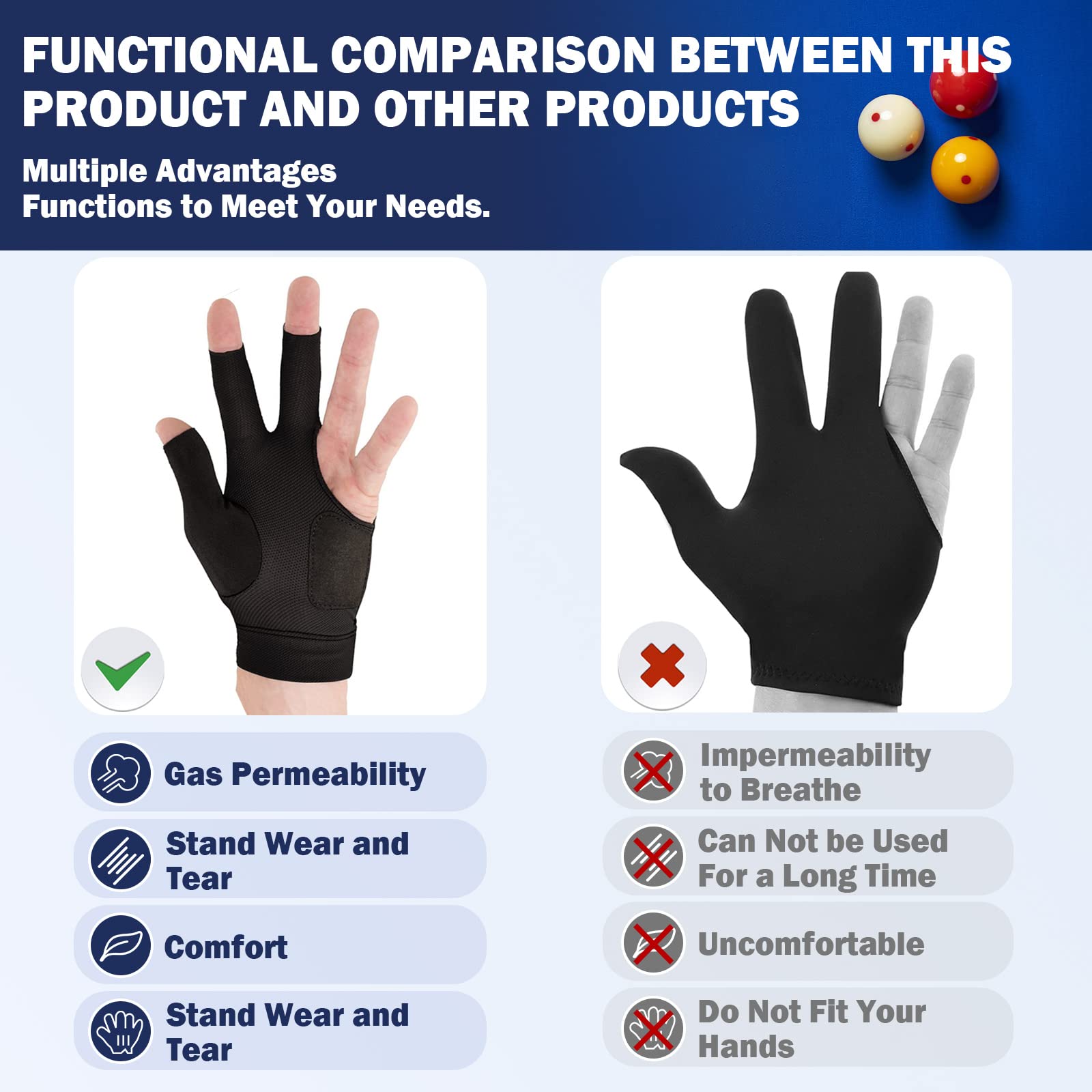 ANIMSWORD Breathable and Comfortable Billiard Pool Gloves Fits on Left Hand or Right Hand 3 Finger for Snooker Cue Sport Glove. 4