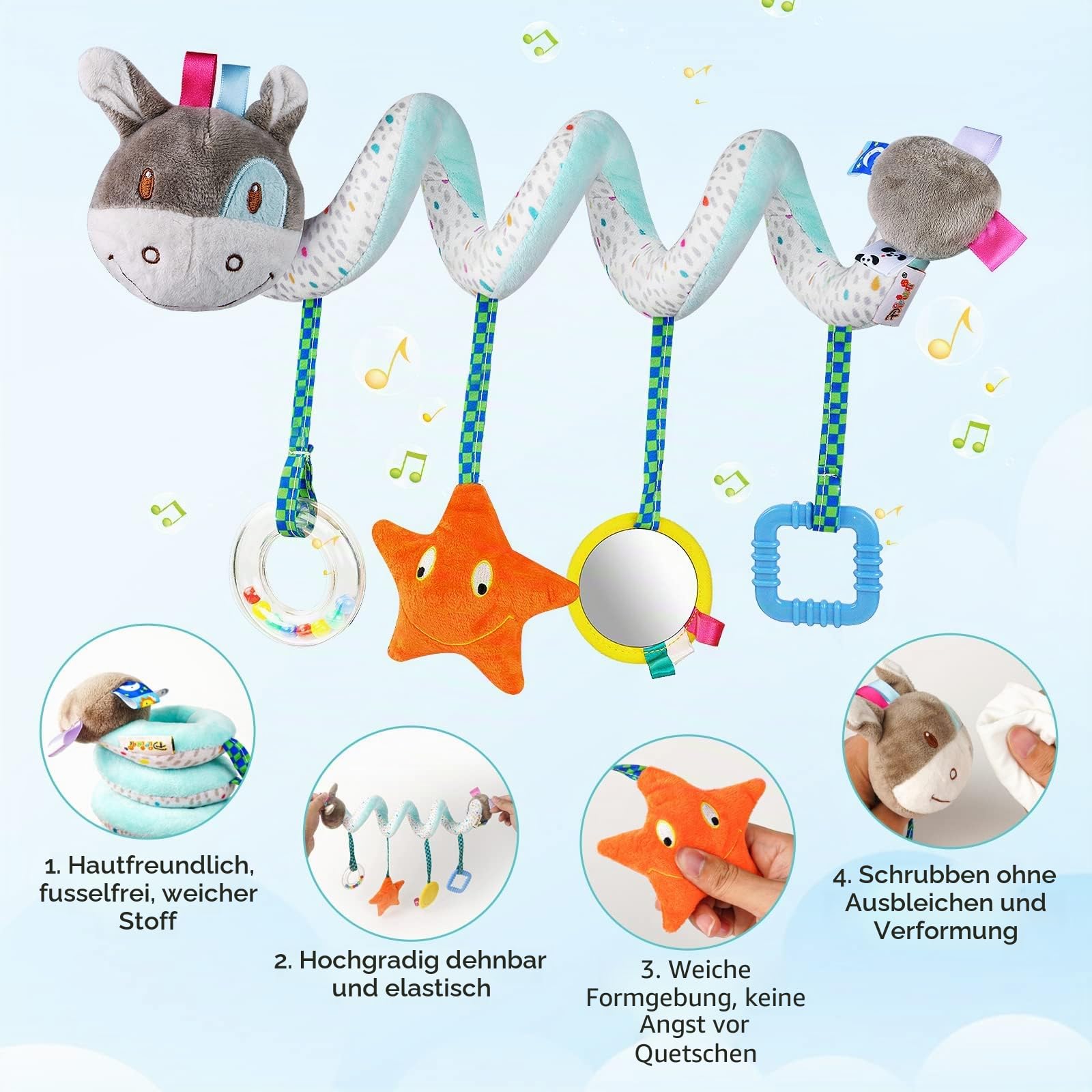 Vicloon Activity-Spirale Spielzeug, Kinderbett Spiralspielzeug, Babyschale Spielzeug Aufhängen an Babyschale, Wiege, Für Babys und Kleinkindern ab 0+ Monaten - Reise AktivitätSpielzeug(Esel)