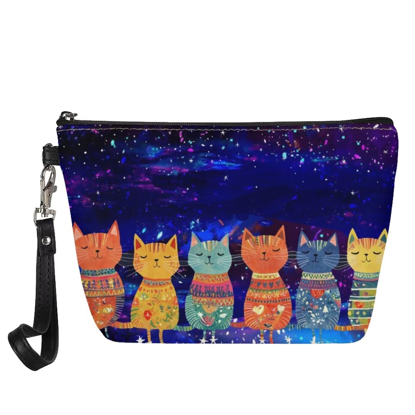 Mumeson Womens Cosmetic Bag Cartoon Cat Starry Sky Print Makeup Bag Portable Wallet Coin Purse Small Handbag Toiletry Bag