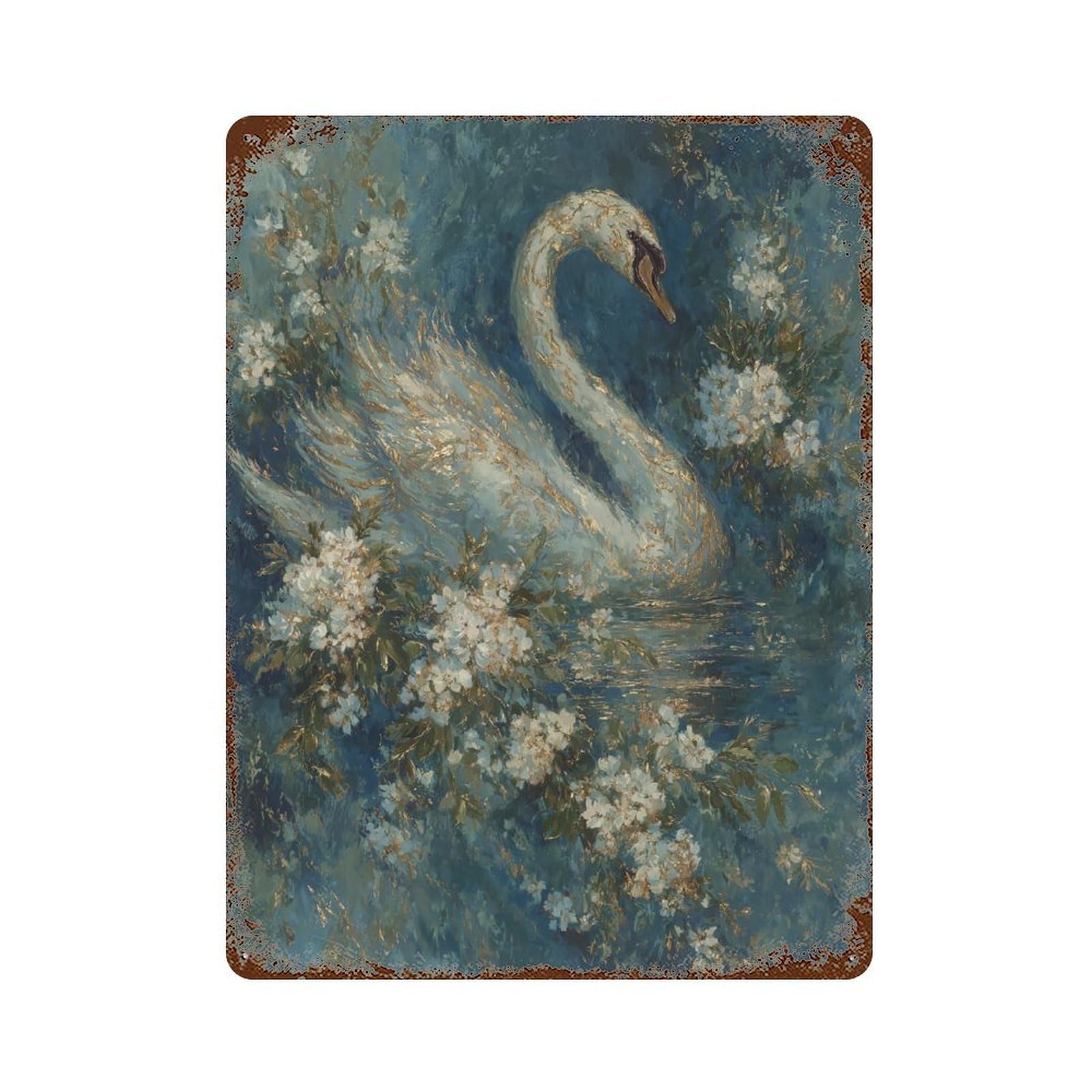 Swan in Blossom Pond Art Print Distressed Metal Wall Sign 15.7"x11.8", for Basement, Hobby Room And Garage Decor, Shabby Chic Decor