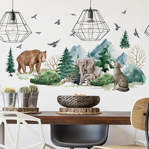 Annande Calcomanías de pared de montaña, diseño de animales de bosque, oso, elefante, pájaros, decoración de pared de animales de selva para niños,