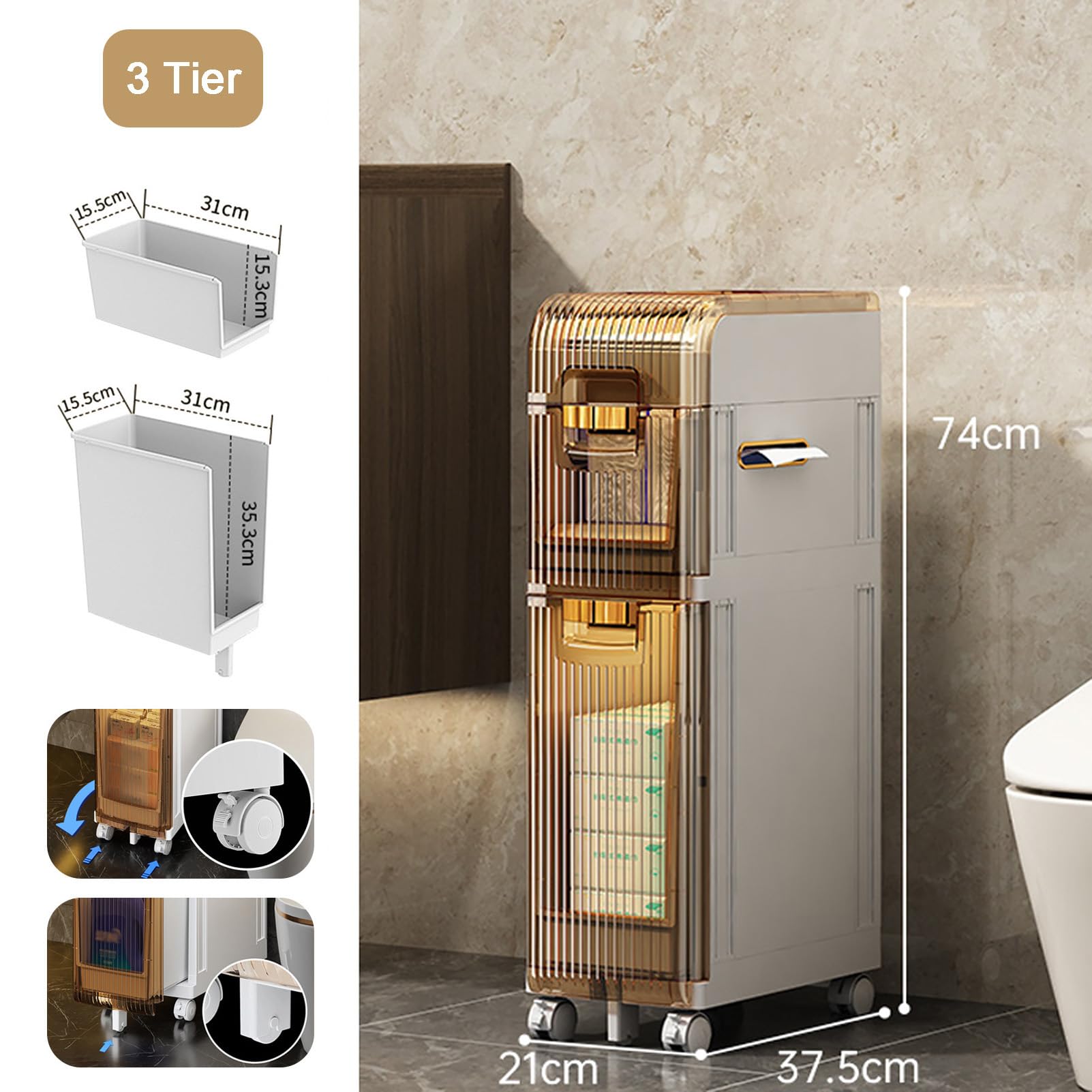 Armario de almacenamiento de baño con cajones y estantes de 3 niveles, color blanco, de pie, alto, estrecho, almacenamiento de esquina para baño pequeño