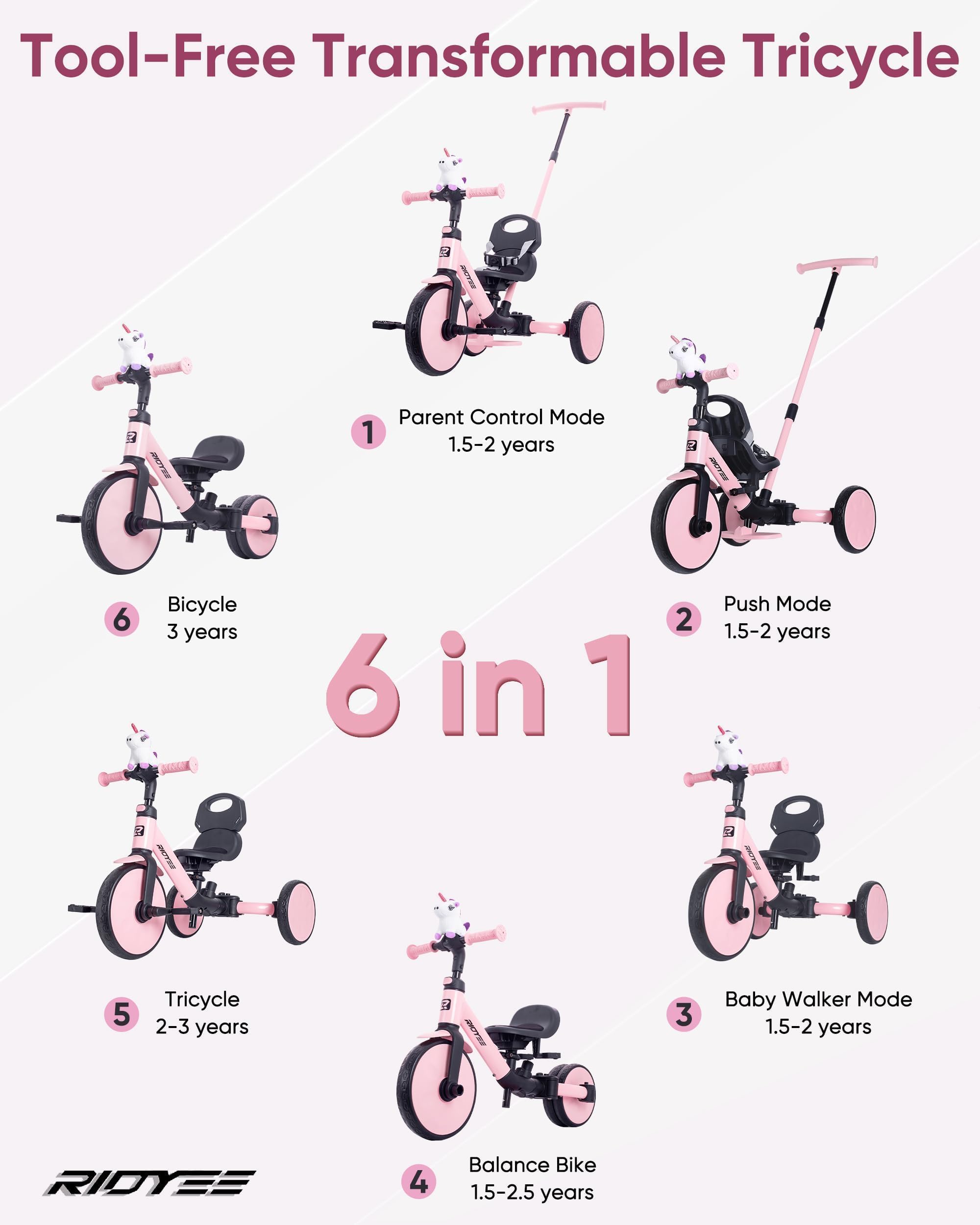 Triciclo 5 en 1 para niños de 1.5 a 3 años, triciclo de dirección para padres, convertible sin herramientas para equilibrar la bicicleta, cinturón de seguridad, respaldo y reposapiés extraíbles 2