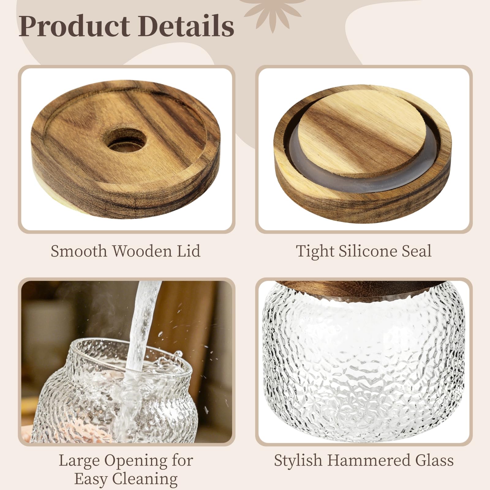 4 Stk. Vorratsgläser aus gehärtetem Glas mit Holzdeckel, 10 Fl Oz je Glas, luftdicht, gehämmerte Struktur, transparent, für Kaffee, Tee, Gewürze, Getreide, Küche, Wohndekoration