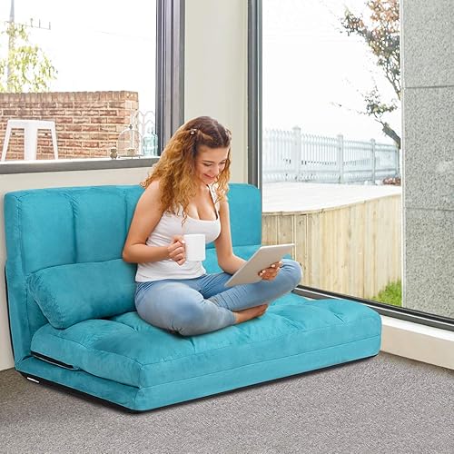 Miniatura 9 de S AFSTAR Safstar Sofá plegable y futón de suelo, sofá cama de tela de 6 posiciones con 2 almohadas y relleno de esponja, sofá perezoso ajustable
