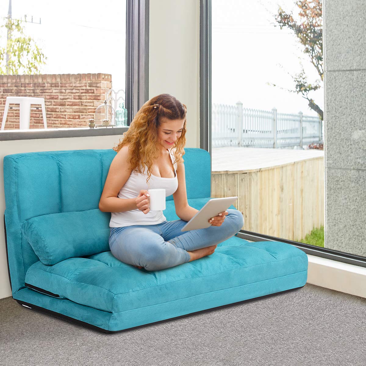 COSTWAY Lazy Sofa Z 2 Poduszkami, 6-Stopniową Regulacją Oparcia, Składana, Podłogowa Do Sypialni, Salonu i Na Balkon (Niebieska)