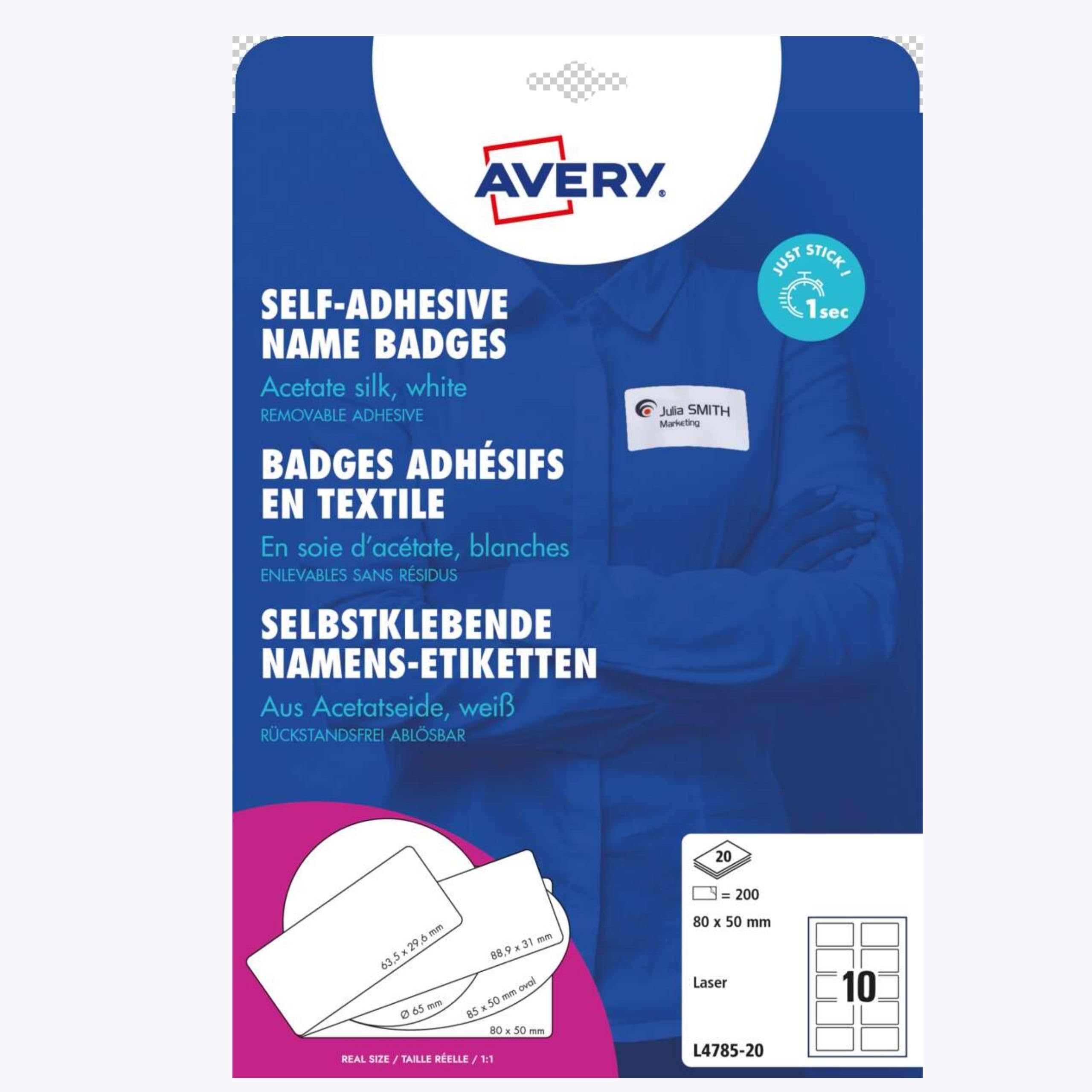 Avery Italia L4785-20 Badge Adesivi, Stampanti Laser, 20 Fogli, 80 x 50, Bianco
