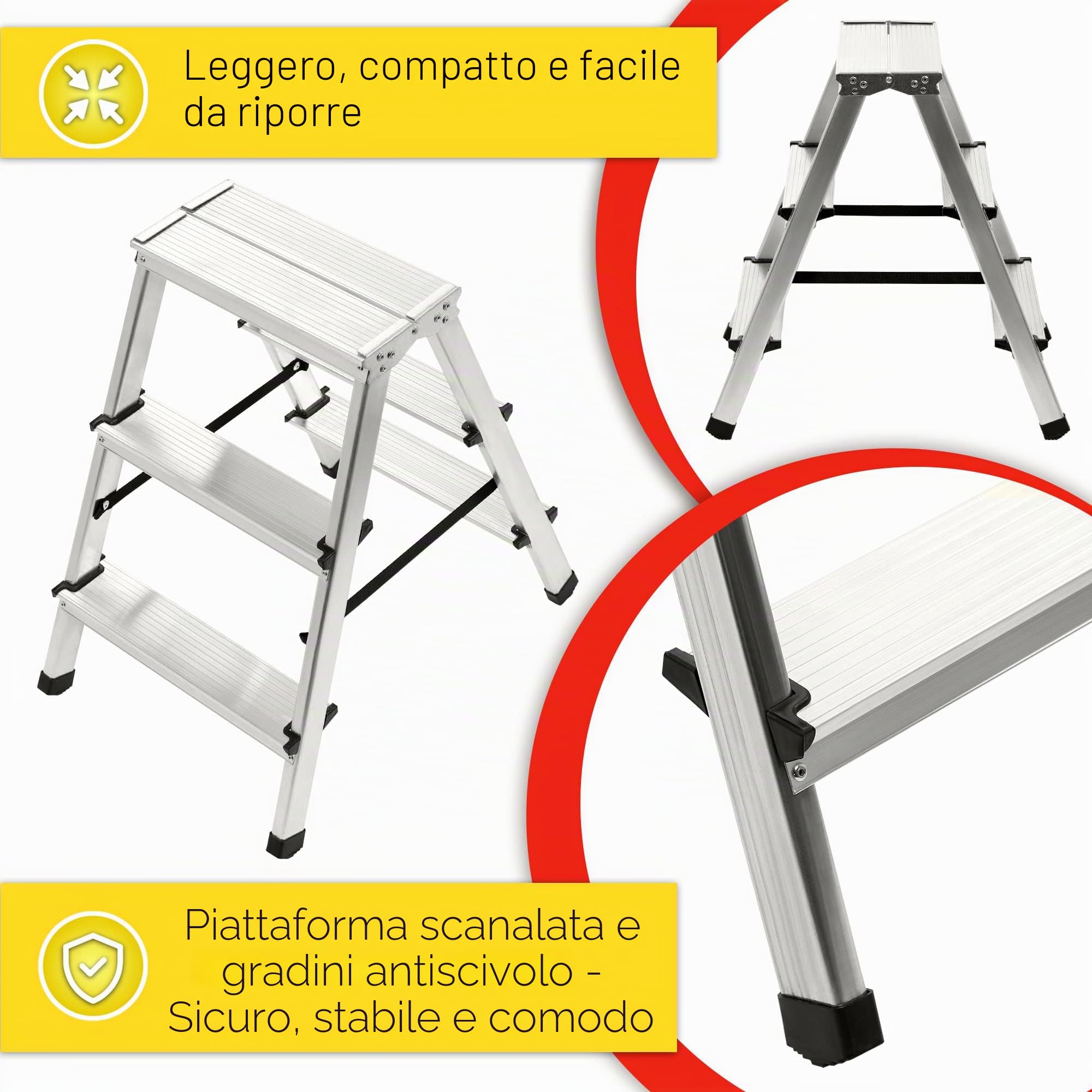 KADAX Scaletta Pieghevole in Alluminio, Scala Doppia a Pioli con Piattaforma Antiscivolo, Gradini Larghi e Struttura Leggera, Fino a 125 kg (3 Gradini)
