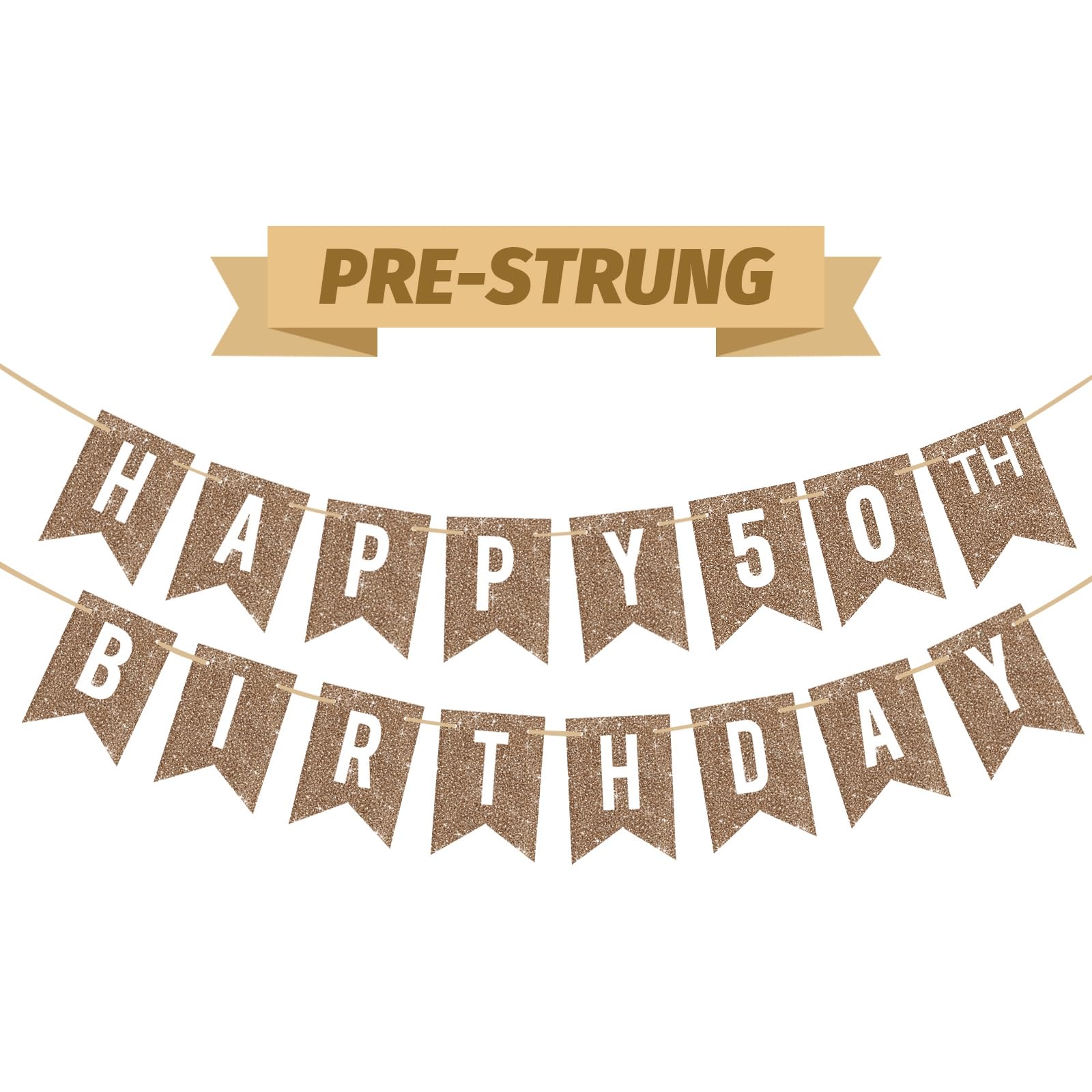 Pre-Strung Champagne Gold Glitter Happy 50th Birthday Banner Decorations, Age 50 Happy Birthday Bunting Sign for Backdrop, No Assembly Required Hanging Garland for Men and Women Party Decorations