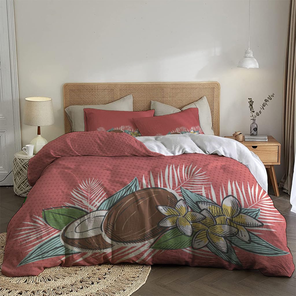 NIBAINLO 布団カバーレトロ風トロピカルルアウの花と葉、ココナッツレッド 肌に優しい ピーチスキン加工 掛け布団カバー 和式 洋式 あったか 布団カバーセット リバーシブル ホームステイ ホテル 家庭兼用