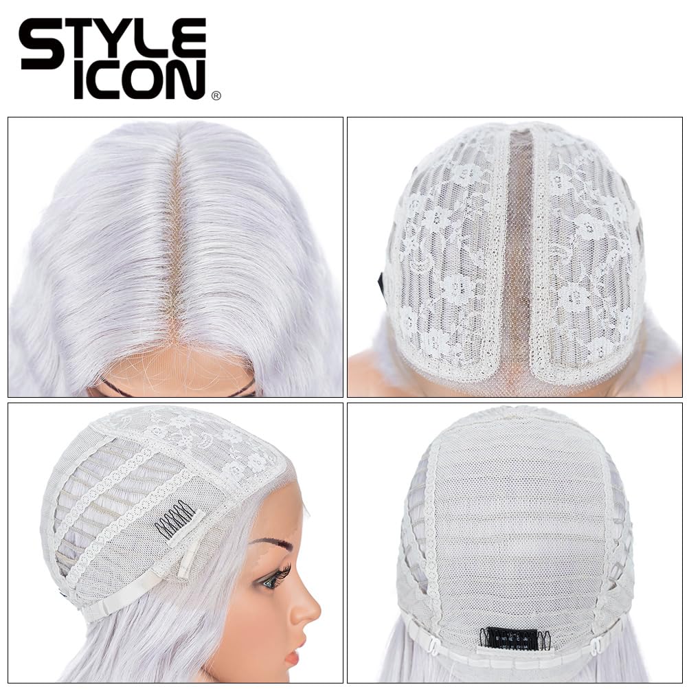 Style Icon 41" Lace Front Wigs Long Wavy Synthetic Wigs with Baby Hair Silver Grey Bohemian Style Half Hand Tied 130% Density Wigs (41", THISTLE)