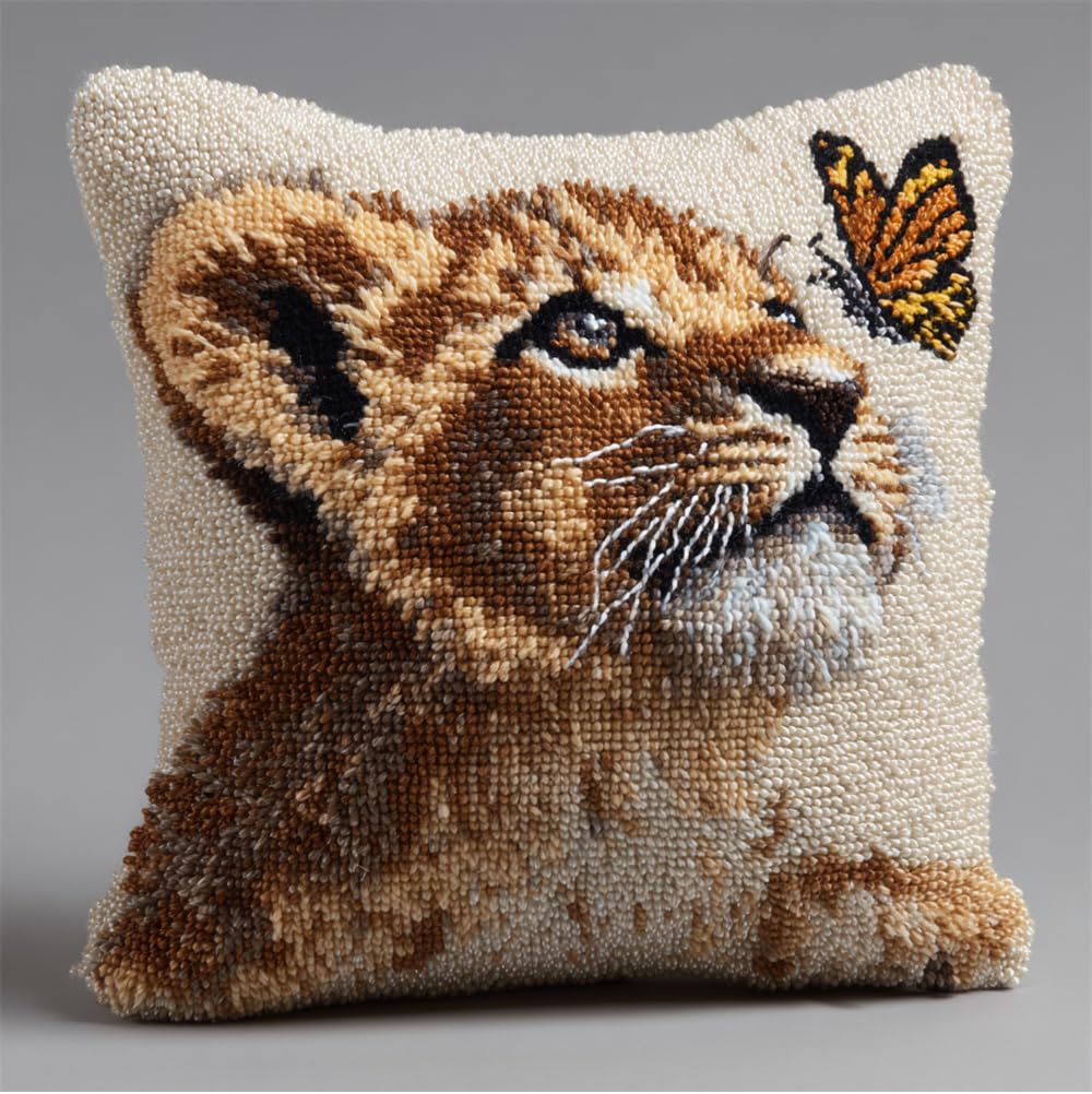 Rkflgew Latch Hook Pillow Kits For Adults Kids Beginners Baby Lion Looking Up With A Butterfly 17X17 In Diy Pre-Printed Latch Hook Rug Carpet Cushion Kits Cross-Stitch Embroidery Cushion Embroidered