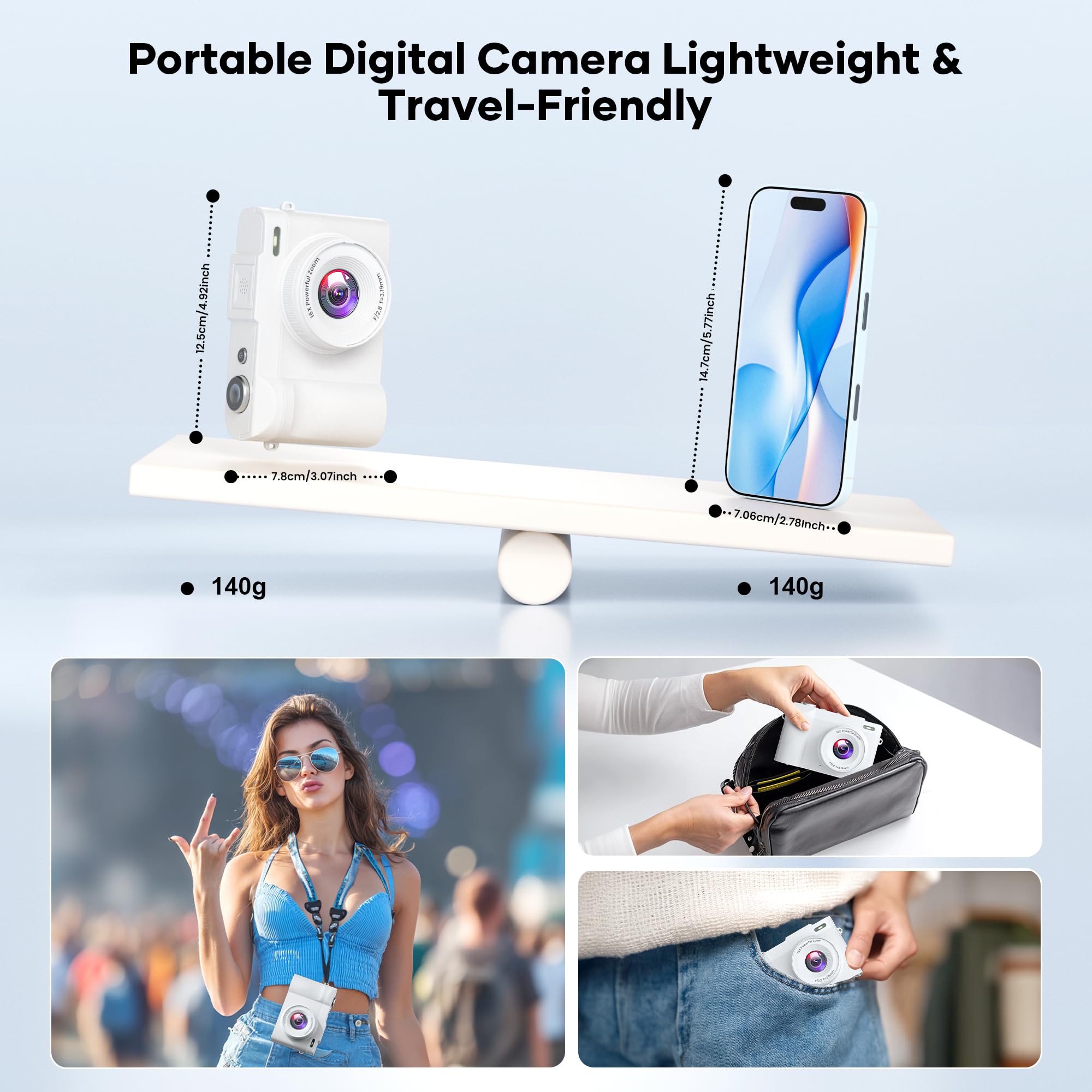 4K Digital Camera for Photography, Small Vlogging Camera with Flip Screen for YouTube, 50MP 16X Zoom, Portable Travel Cameras with 32GB SD Card for Beginners(White)