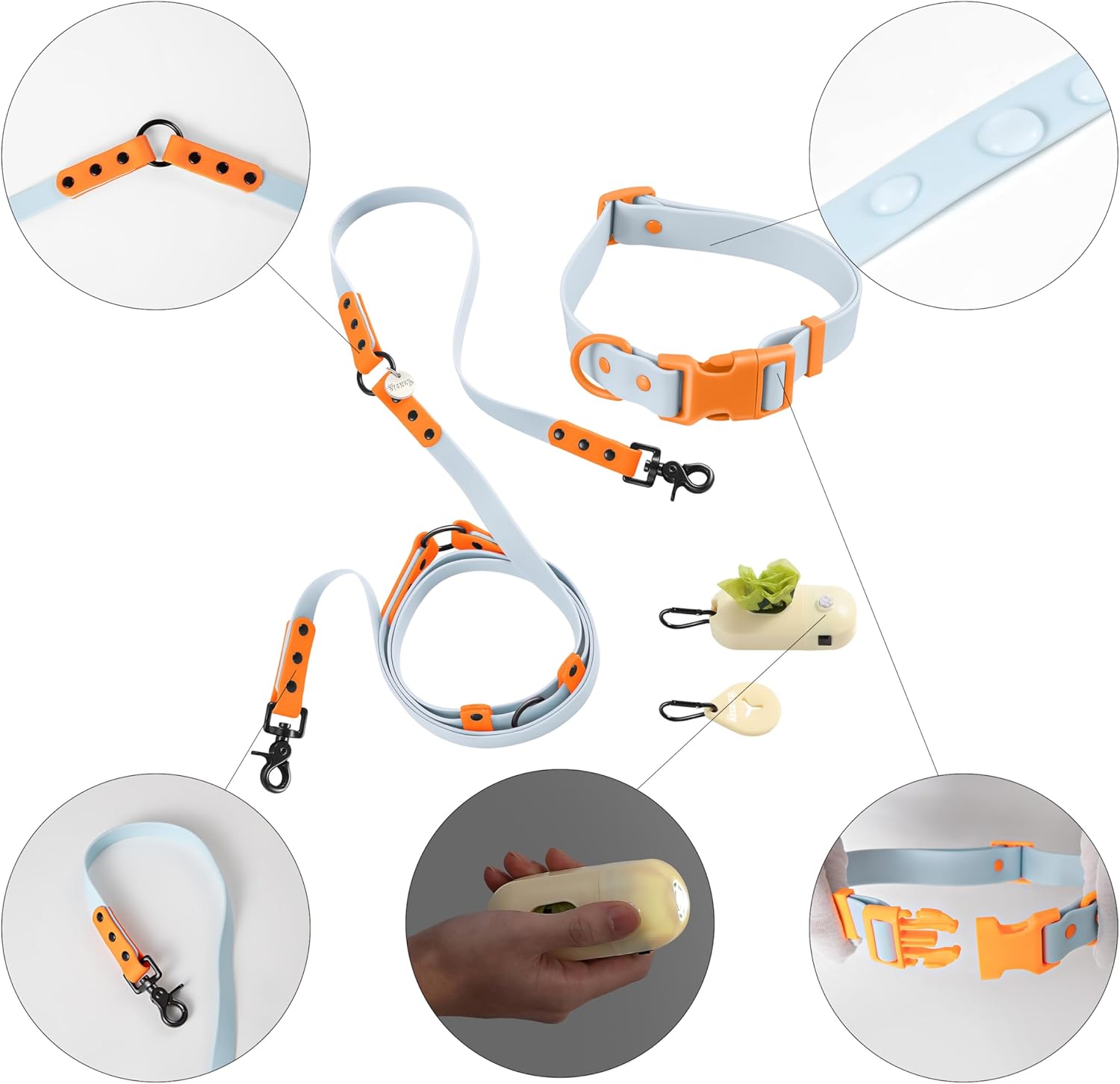 WLK1006D-5SET Luna Large 8FT Adjustable 6-in-1 Waterproof Hands-Free Leash and Collar with LED Flashlight, Bag Dispenser, and Poop Bag Holder, Fishbowl