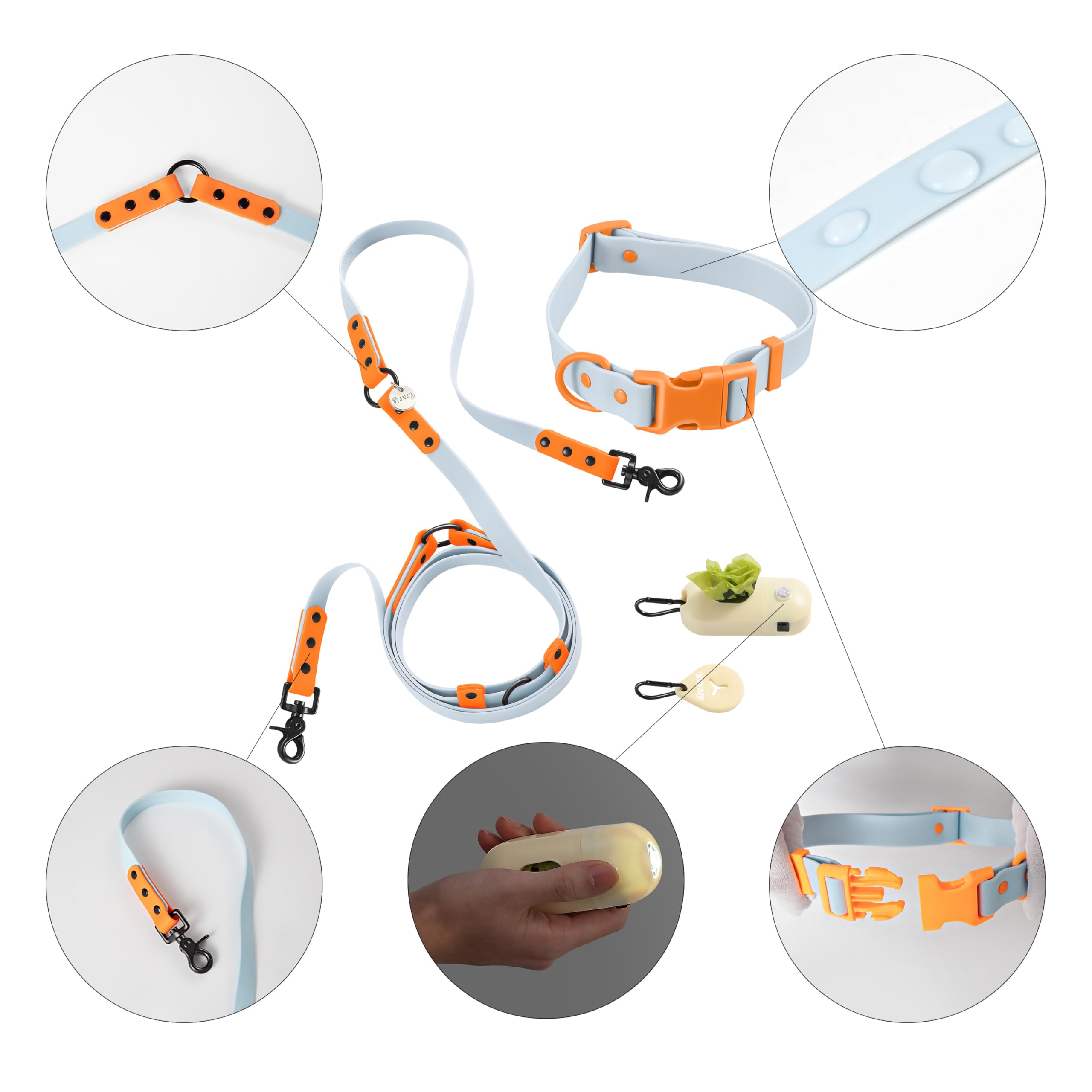 Luna WLK1006D-5SET Laisse et collier mains libres réglables 6 en 1 avec lampe de poche LED, distributeur de sacs et support pour sac à déjections canines, bol à poissons Taille L 2,4
