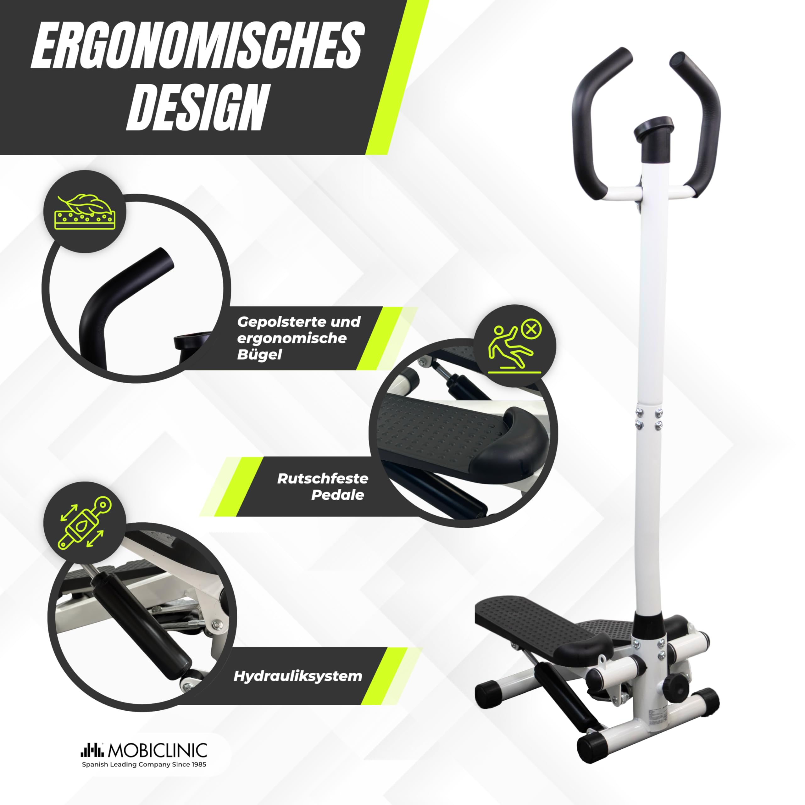 Mobiclinic®, Stepper mit Lenker, Höhenverstellbar, LCD-Monitor, Einstellbare Intensität, rutschfeste Pedale, Step-by-Step-Maschine, Kompakt, Heimtraining, Step-Pro