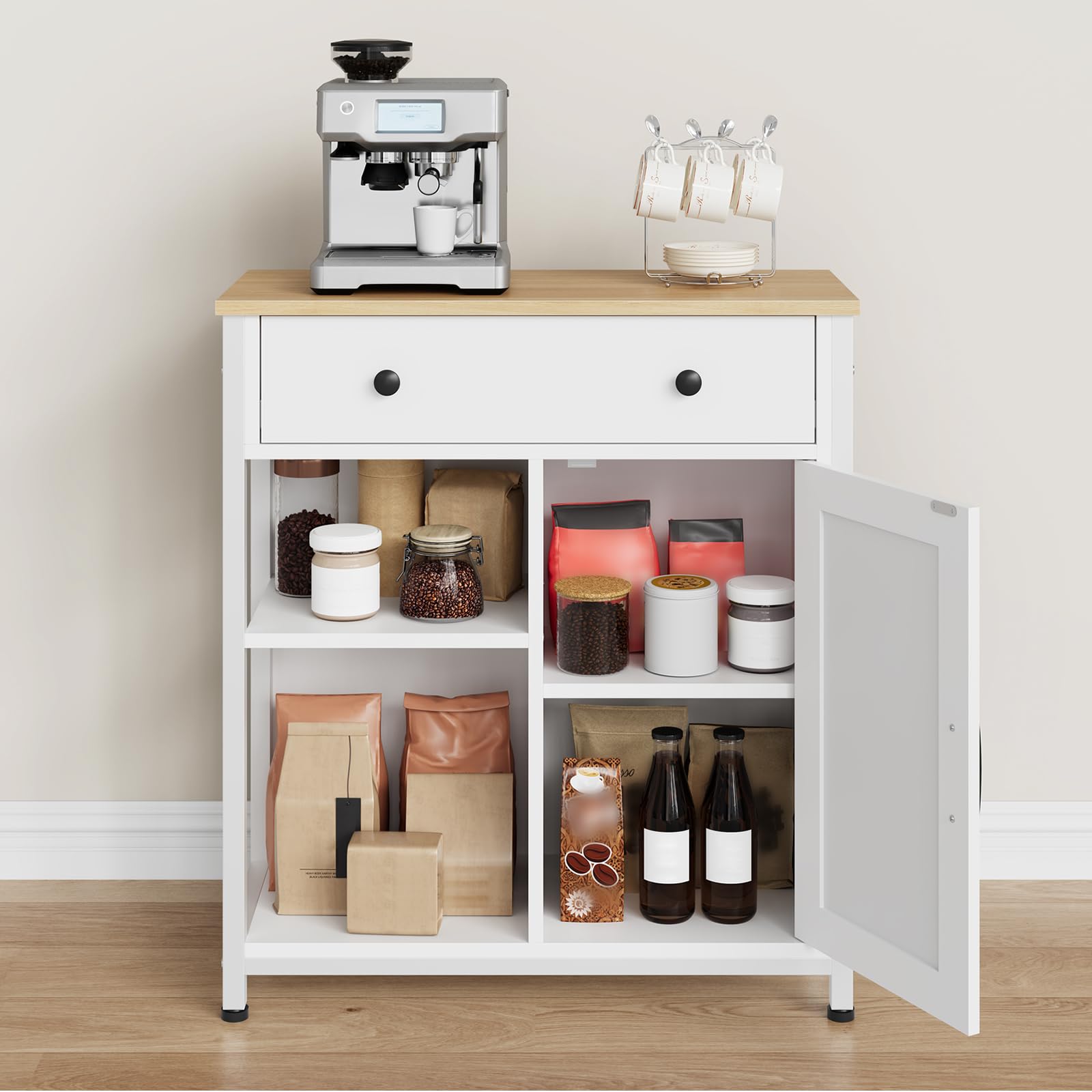 HOOBRO Sideboard Küche mit Schublade, Küchenschrank mit verstellbarem Regal, Aufbewahrungsschrank mit Türen, Kaffeebarschrank für Cafés, Küche, Restaurant, Wohnzimmer, Weiß und Natur EWN70CB01