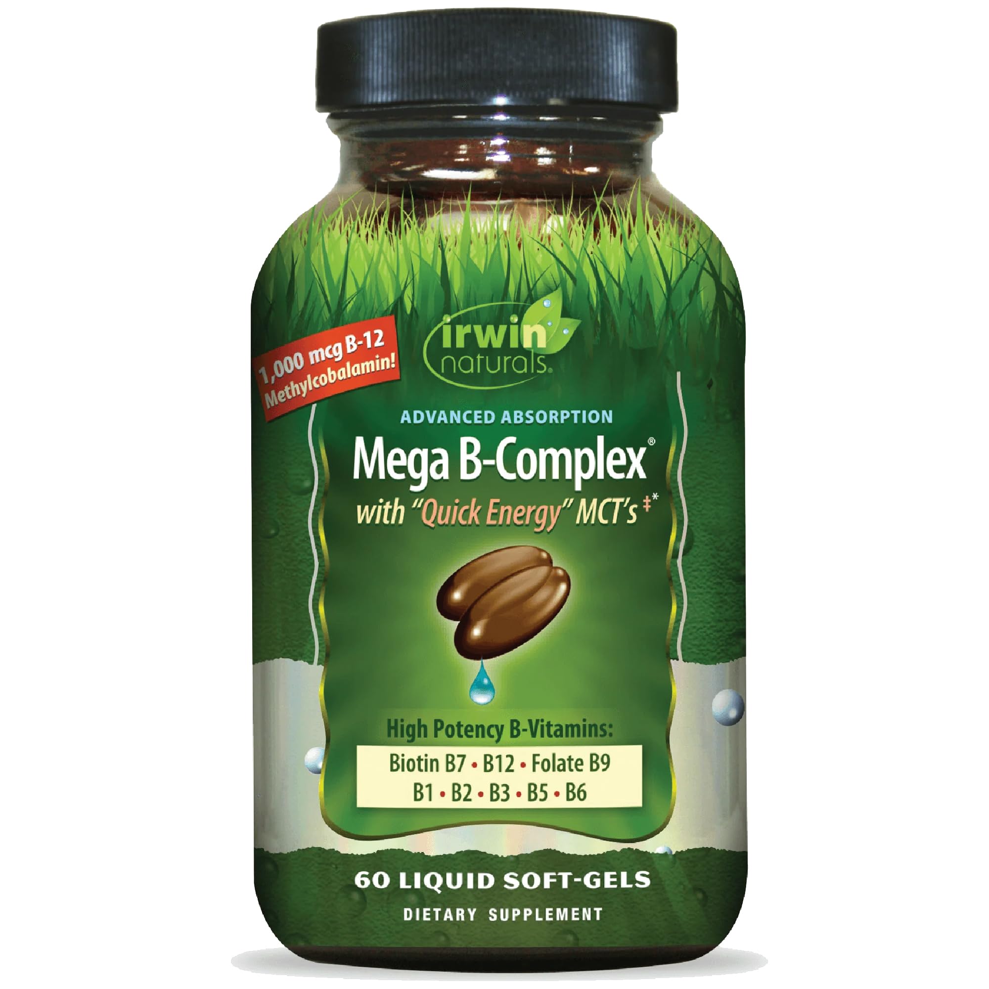 Mega B-Complex - 60 Liquid Softgels - Vitamin B Complex with Vitamin B12, Folate B9, Biotin B7, B1, B2, B3, B5, B6, and Quick Energy MCTs