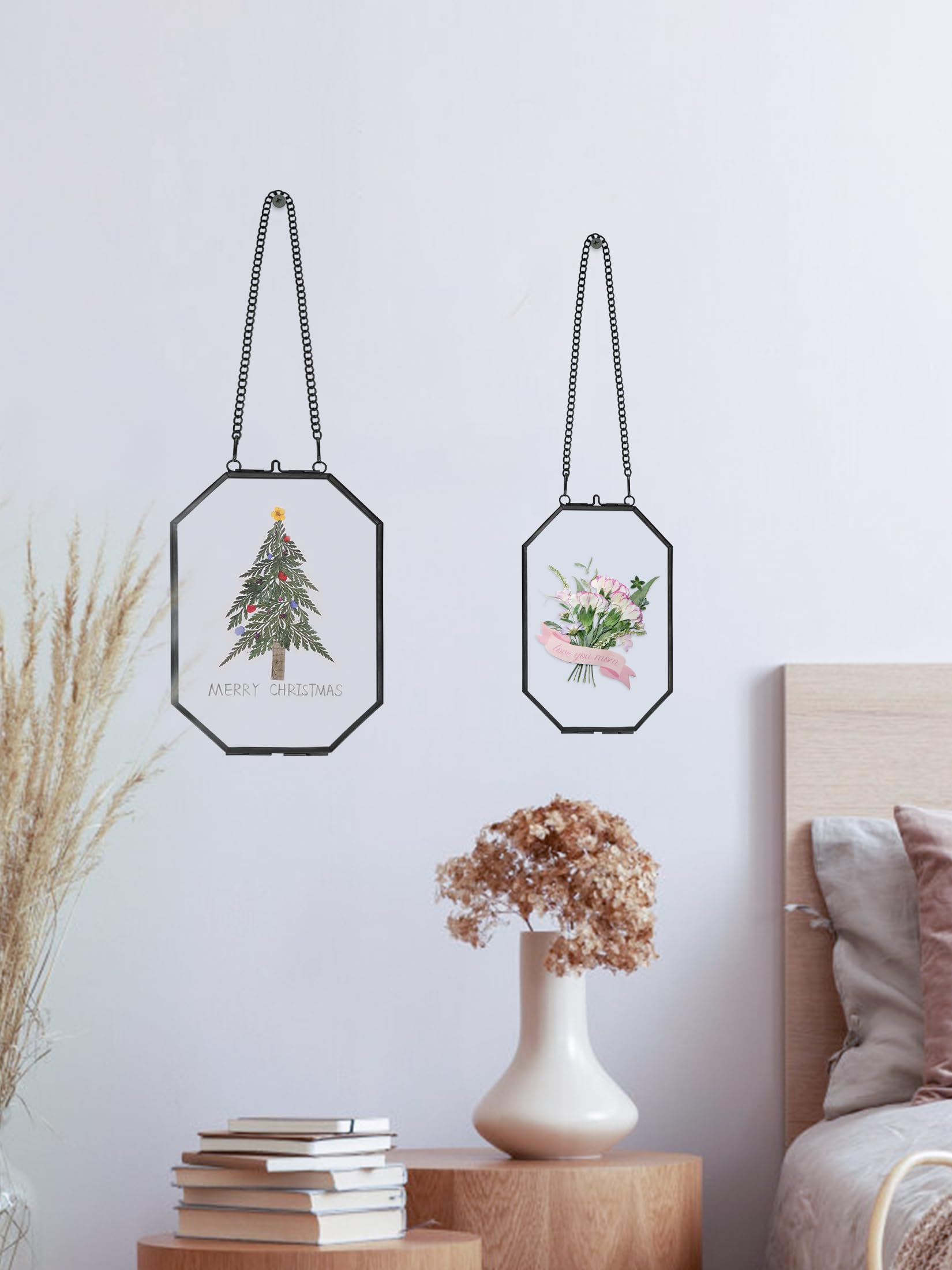 REDHUGO gepresste Blumenrahmen, schwebende Glasrahmen zur Präsentation von getrockneten Pflanzenspezimen, hängender Messing-Fotorahmen mit Kette, doppelt klares Glas, Vintage Wanddekoration, Achteck