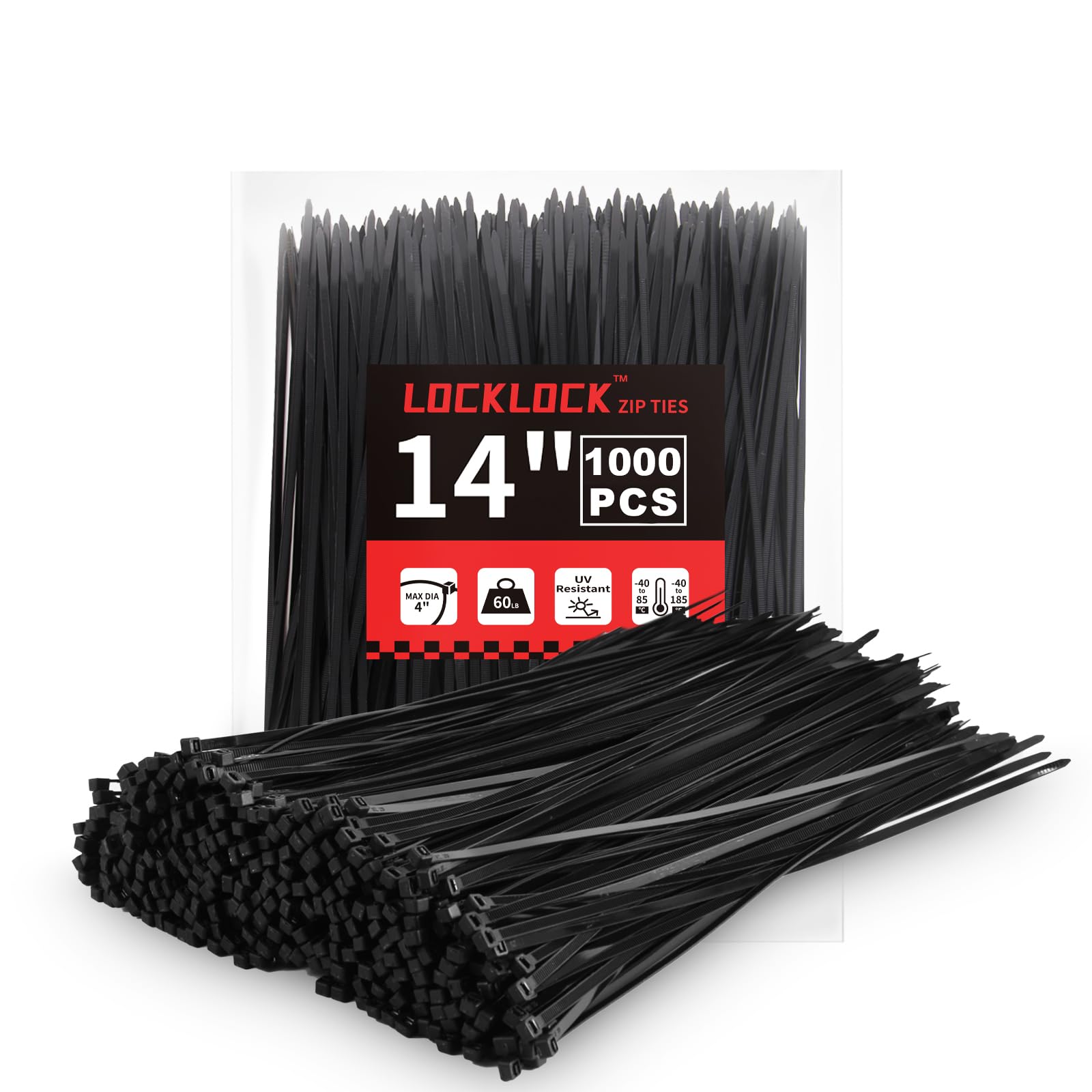 Zip Ties 14 inch(1000 Pack), 60 lb, Black Heavy Duty Wire Ties, UV Resistant Cable Ties for Indoor and Outdoor Use, LOCKLOCK