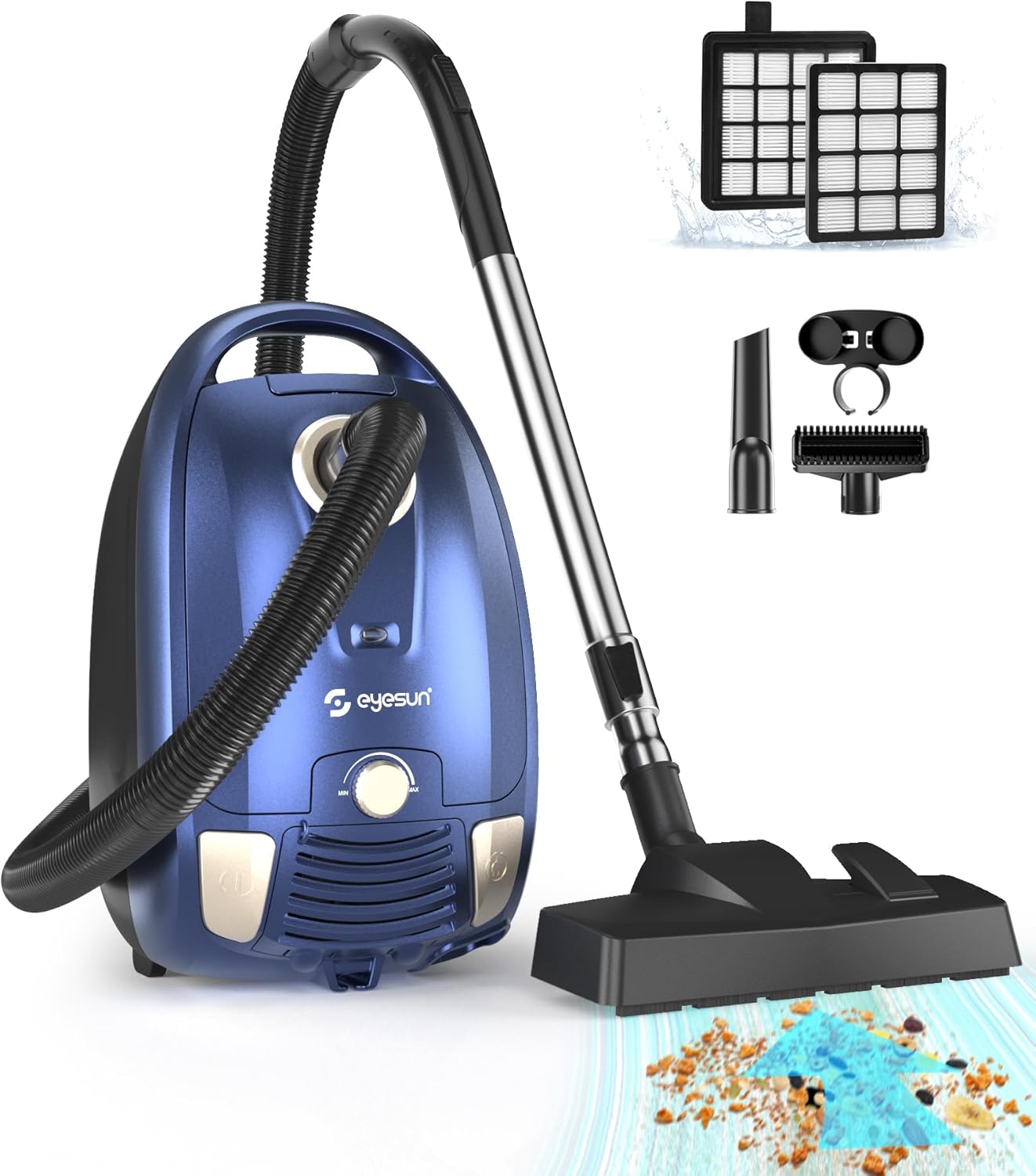 Bagged Canister Vacuum Cleaner,1400W Powerful High-Suction Bagged Canister Vac with 3.7QT Dust Bags,Pop-N-Go Brush,HEPA Filter,Dual Motors&4 Cleaning Tools,Perfect for Low-Pile Carpets&Hard Floors Blue