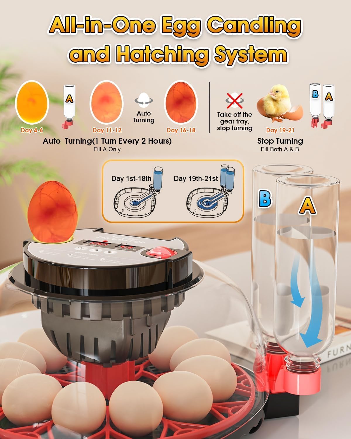 Incubadora para eclosión de huevos, volteadora automática de huevos y nuevo sistema de control automático de humedad, visión clara de 360° para pollo, pato y codorniz (negro)