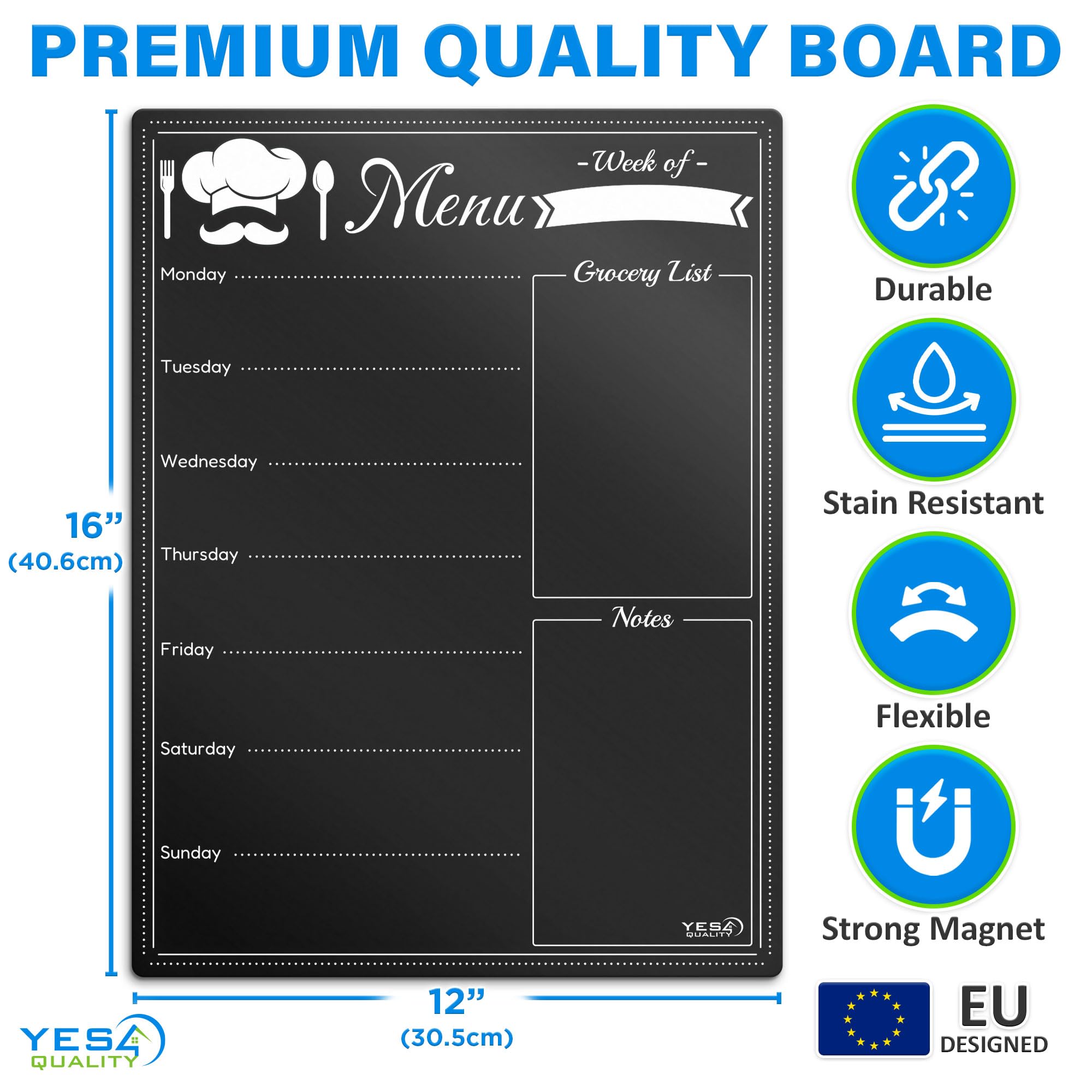 A3 Magnetische - trocken abwischbare schwarze Menütafel für den Kühlschrank (40 x 30 cm) - wöchentliche Essensplaner-Tafel mit 4 Neon-Kreidemarkern und Radiergummituch von Yes4Quality