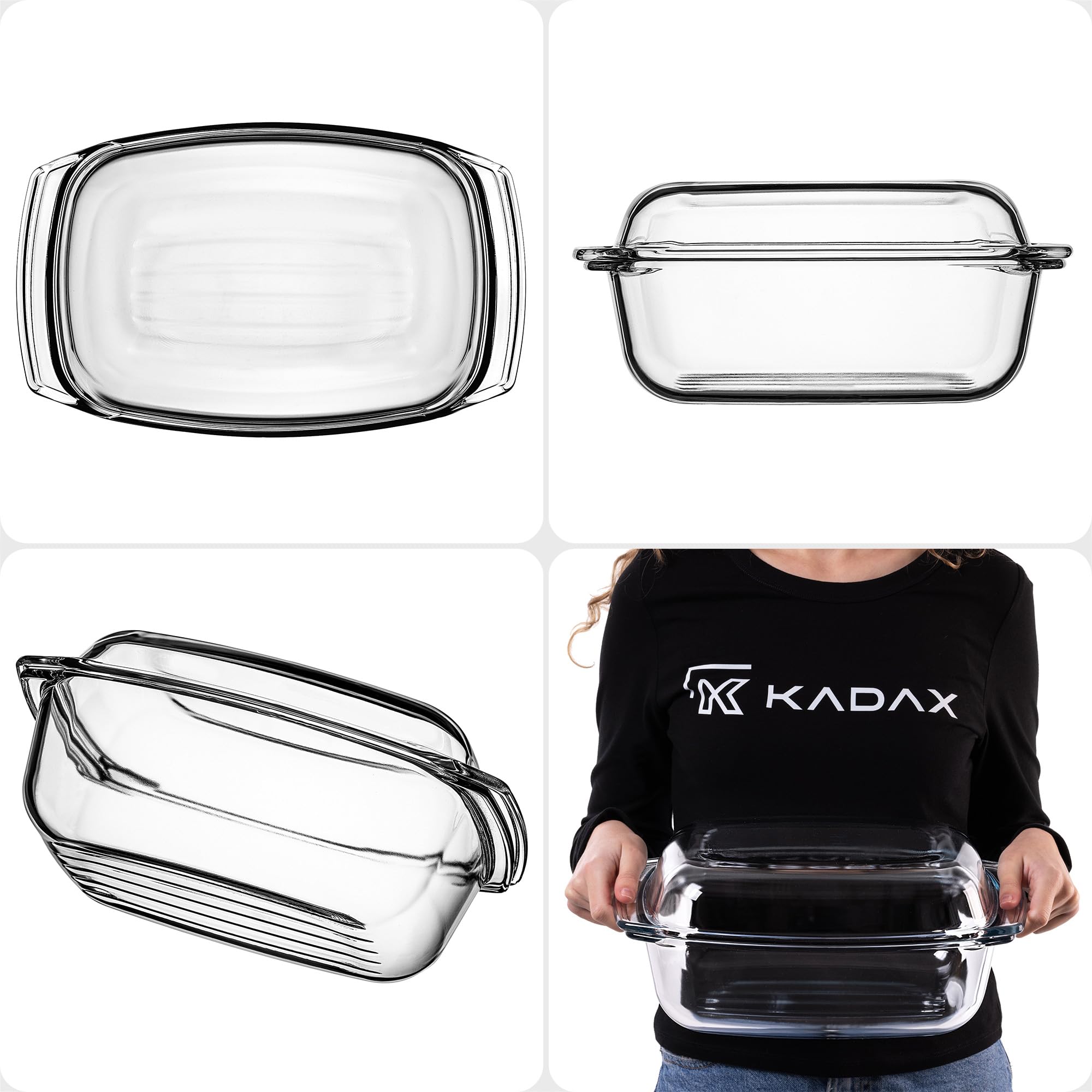KADAX Pirofila in Vetro con Coperchio Resistente al Calore - Rettangolare - Cottura al Forno - Recipiente Ignifugo per Lasagne e Arrosti con Coperchio Protettivo su Misura