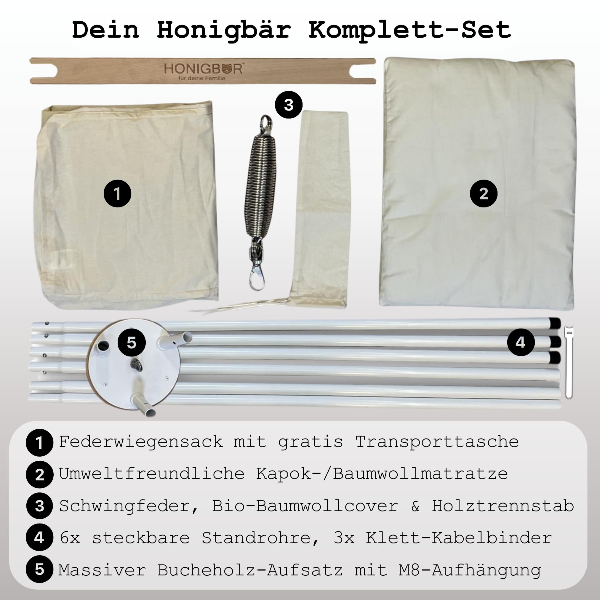 Honigbär Federwiege Set inkl. Standfuß (weiß) – Baby Hängematte TÜV-geprüft bis 40kg – Ergonomisches Nestchen mit Kapok-Matratze – Bio-Baumwolle – Universell motorisierbar - Schlaf wie im Mutterleib