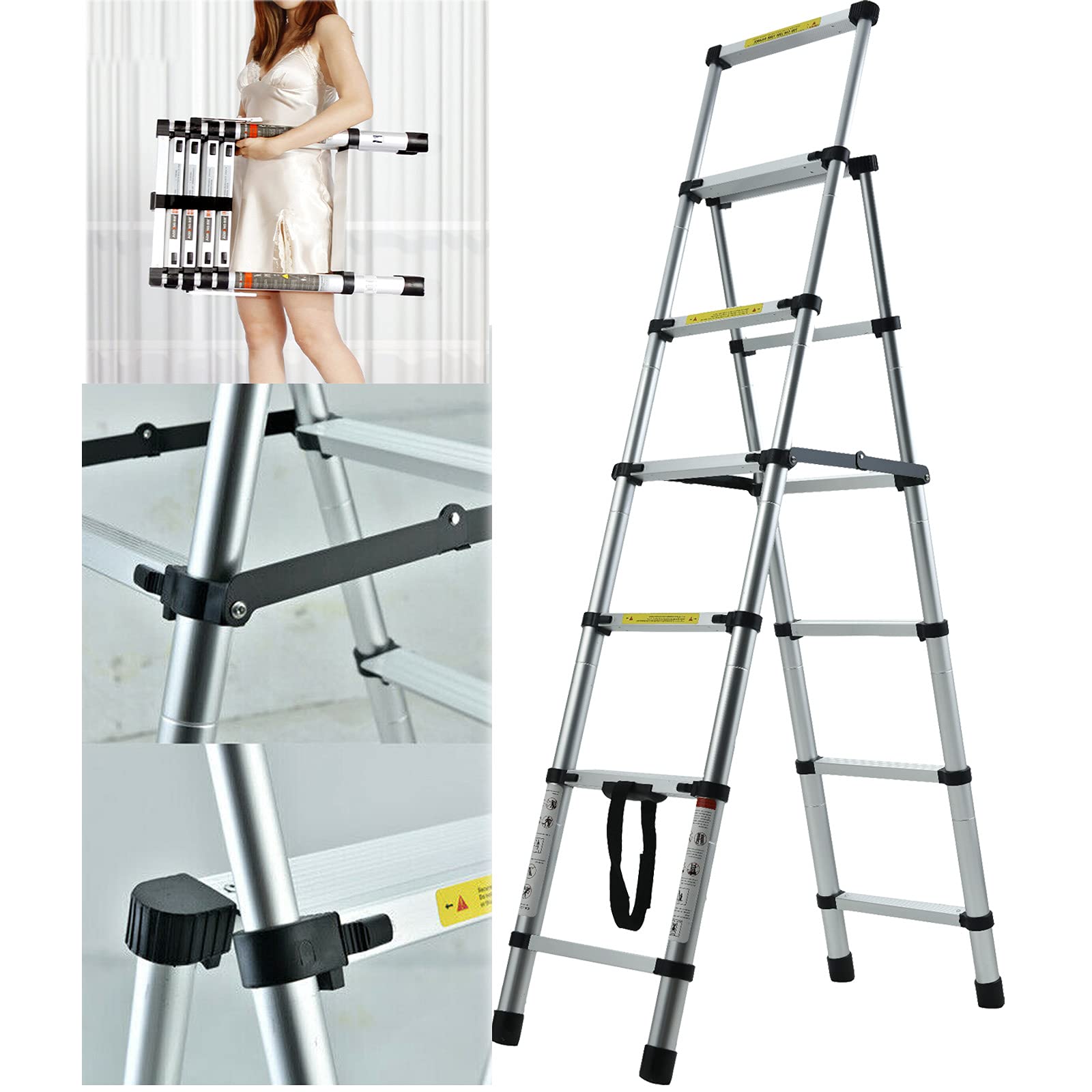 Xinng Silver 6 Step Ladder Aluminium Stepladder Heavy Duty 150Kg/330Lbs Capacity Telescopic A-Frame Stepladder Portable Non Slip Safety Ladder En131 Standard